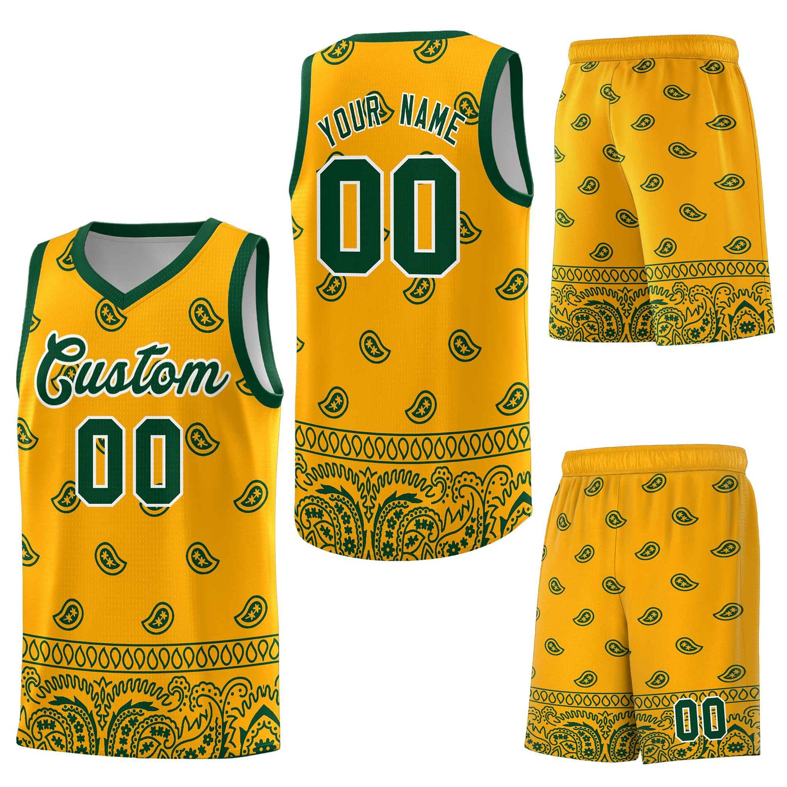 Custom Yellow Green Personalized Cashew Pattern Sports Uniform Basketball Jersey