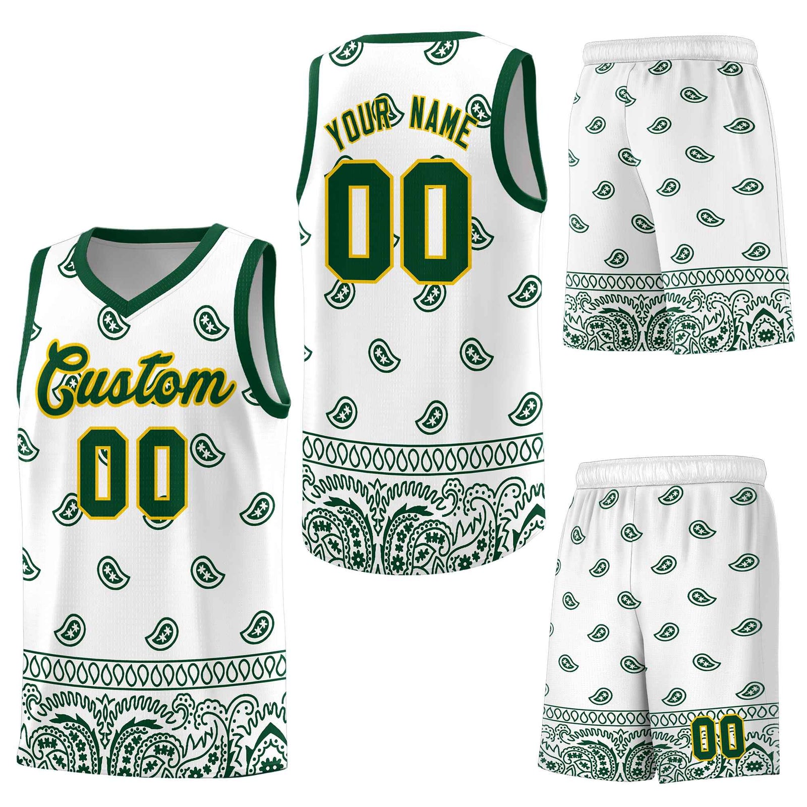 Custom Green White Personalized Cashew Pattern Sports Uniform Basketball Jersey