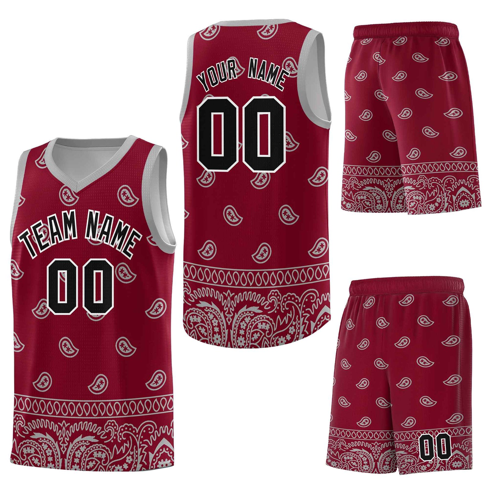 Custom Crimson Gray Personalized Cashew Pattern Sports Uniform Basketball Jersey
