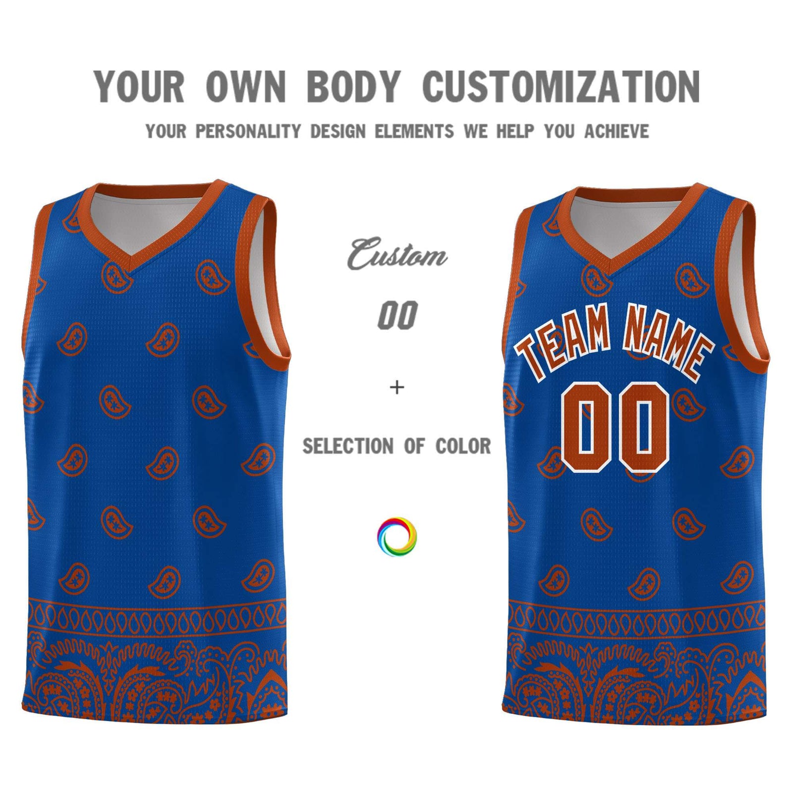 Custom Royal Texas Orange Personalized Cashew Pattern Sports Uniform Basketball Jersey