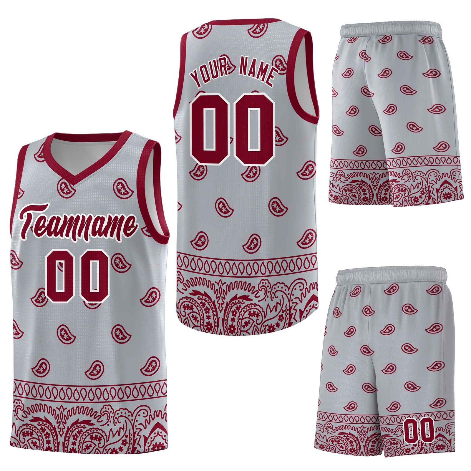 Custom Gray Crimson Personalized Cashew Pattern Sports Uniform Basketball Jersey