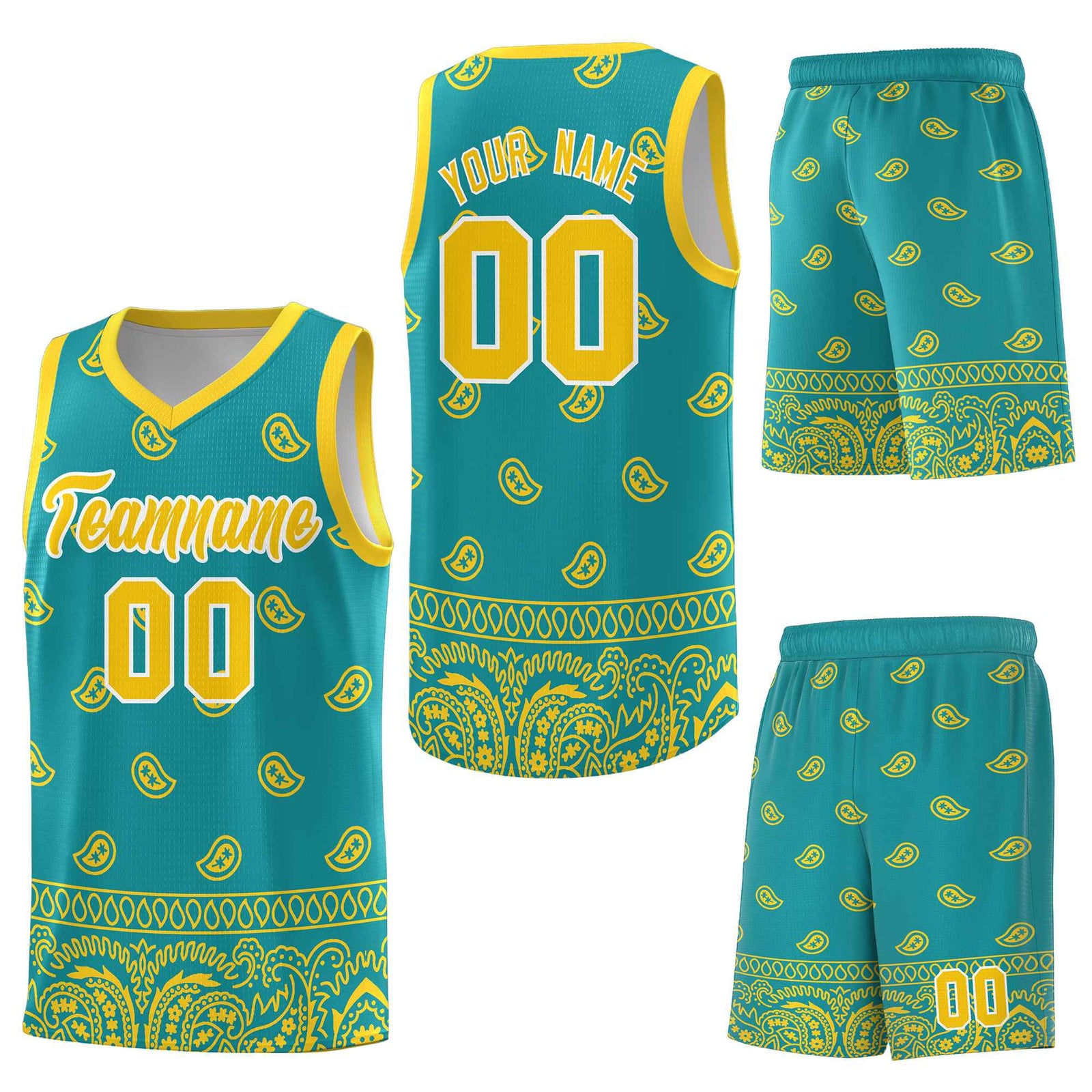 Custom Aqua Gold Personalized Cashew Pattern Sports Uniform Basketball Jersey