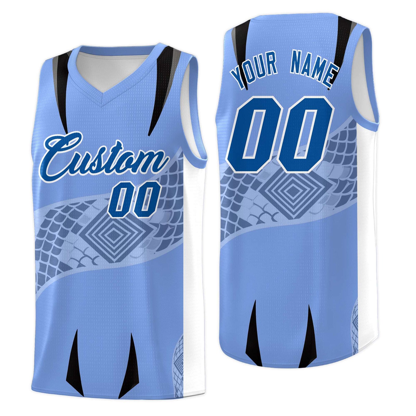 Custom Light Blue White Snake Scale Venomous Fang for Clubs Graffiti Pattern Basketball Suit Jersey