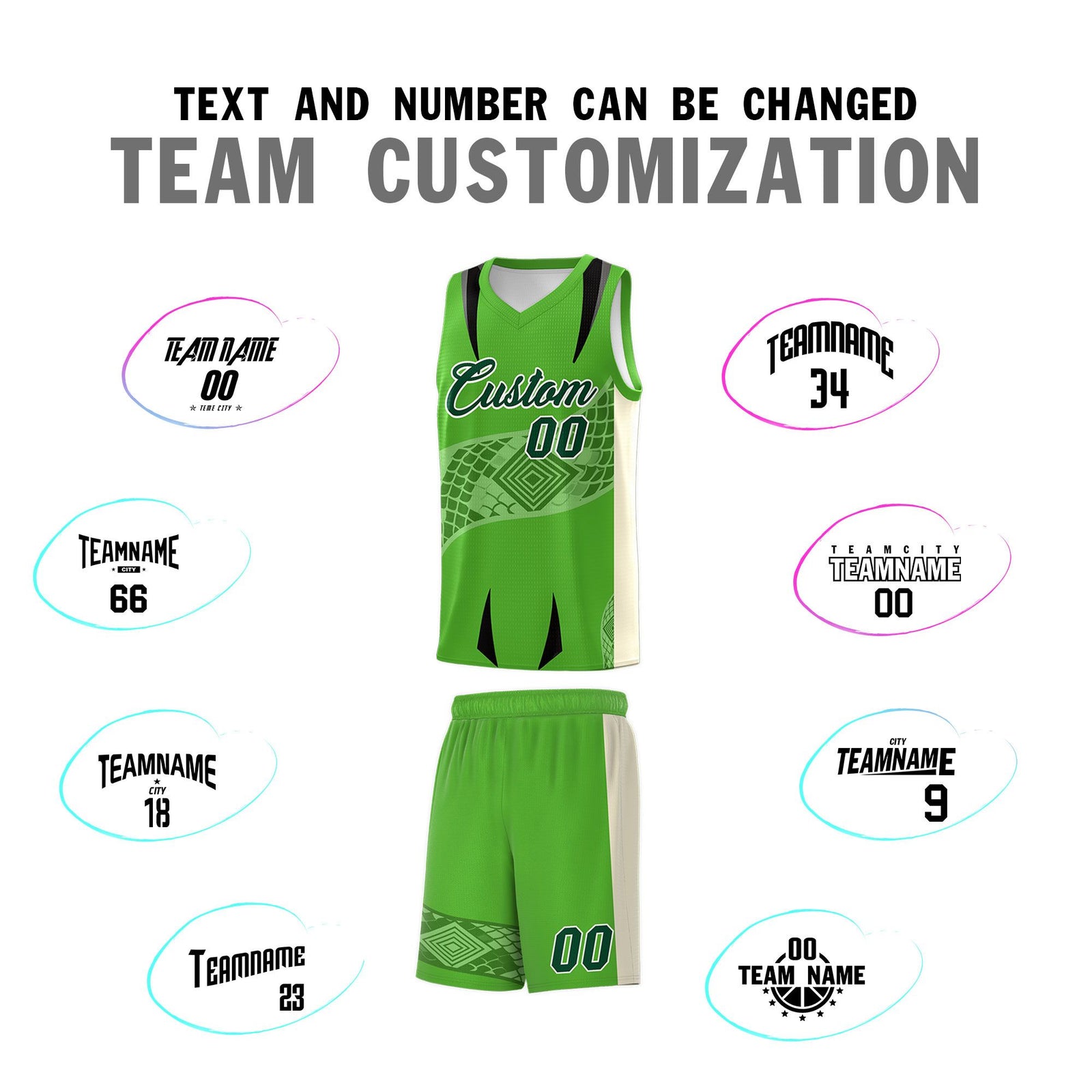 Custom Light Green Cream Snake Scale Venomous Fang for Team Graffiti Pattern Basketball Suit Jersey