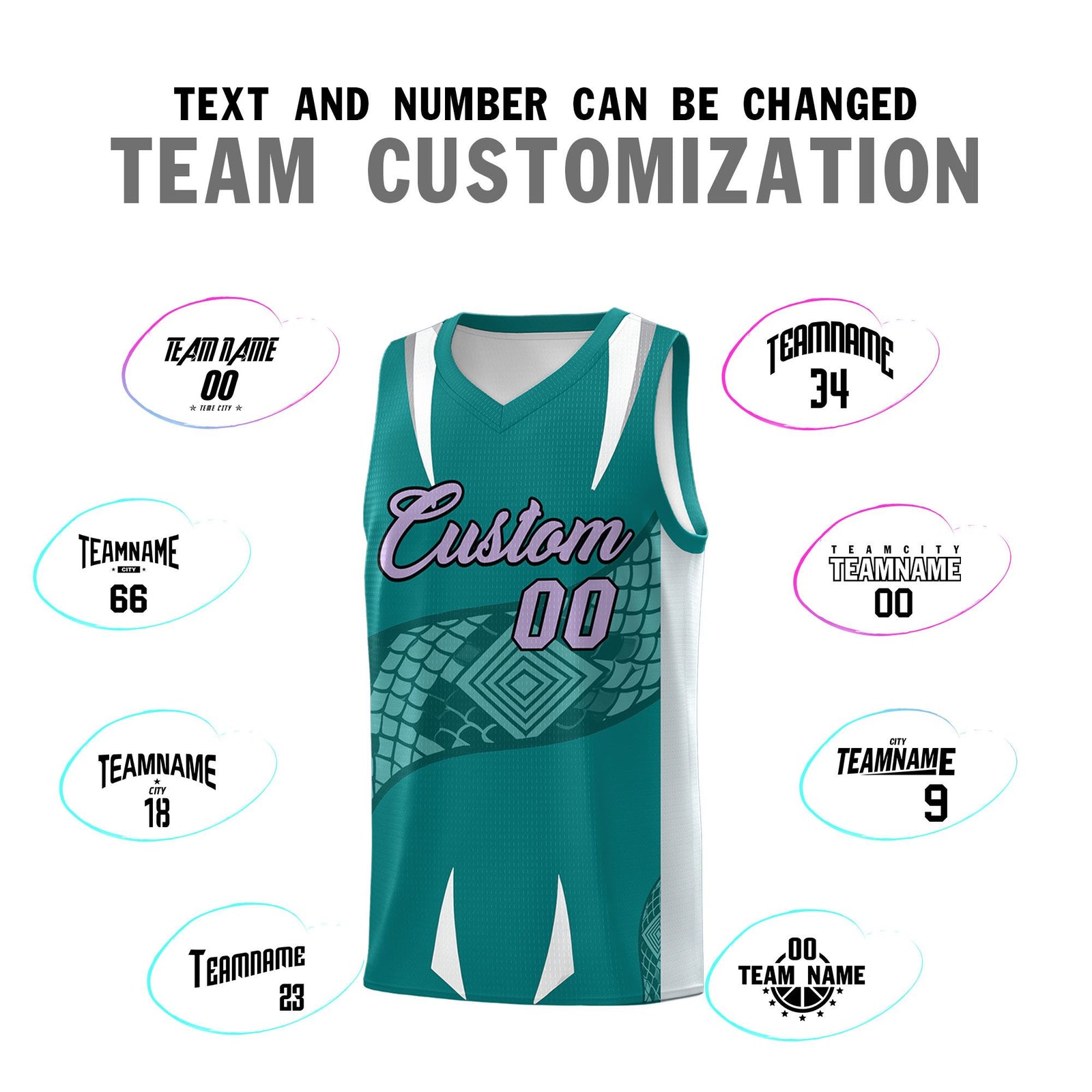 Custom Teal Silver Snake Scale Venomous Fang Breathable Graffiti Pattern Basketball Suit Jersey
