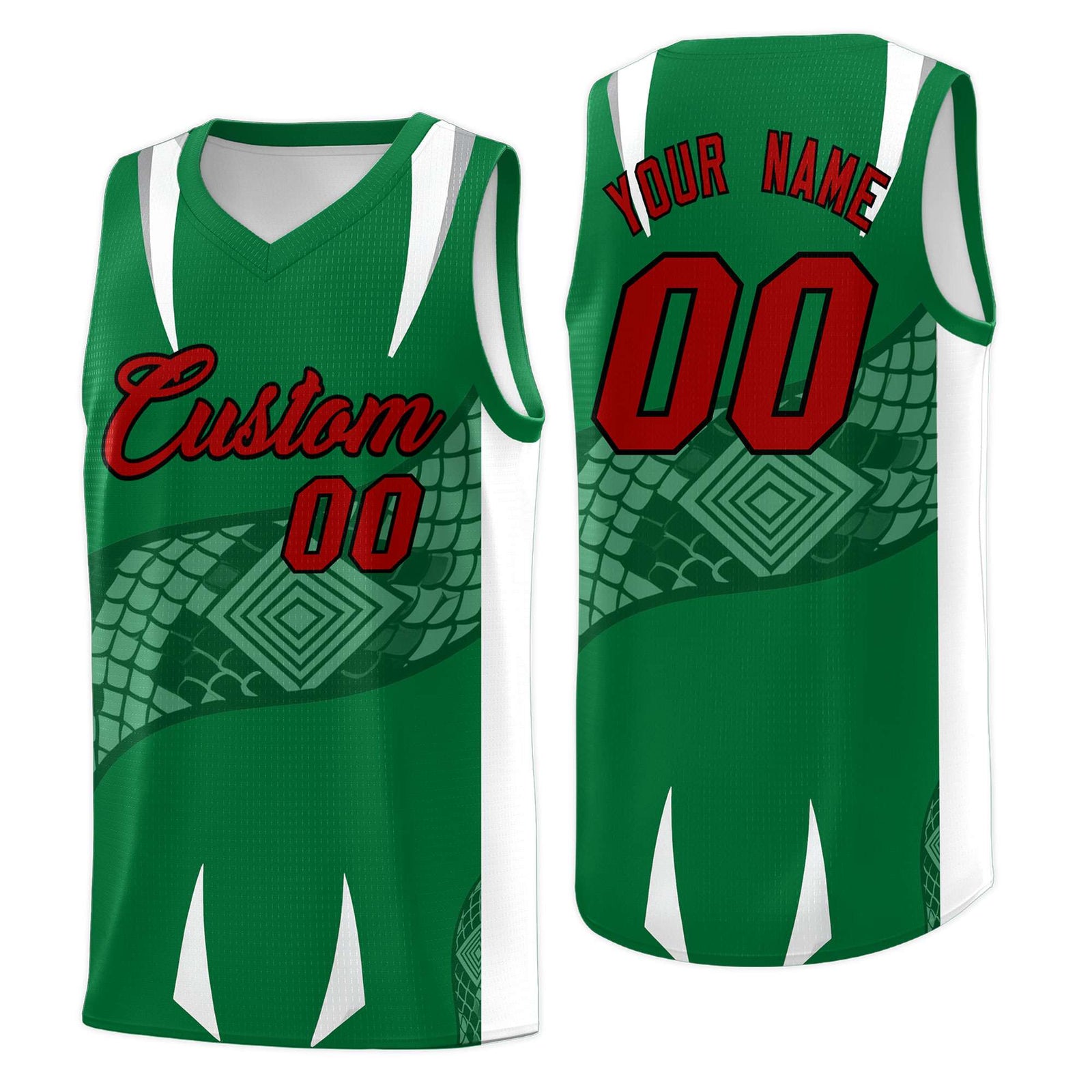 Custom Kelly Green White Snake Scale Venomous Fang Breathable Graffiti Pattern Basketball Suit Jersey