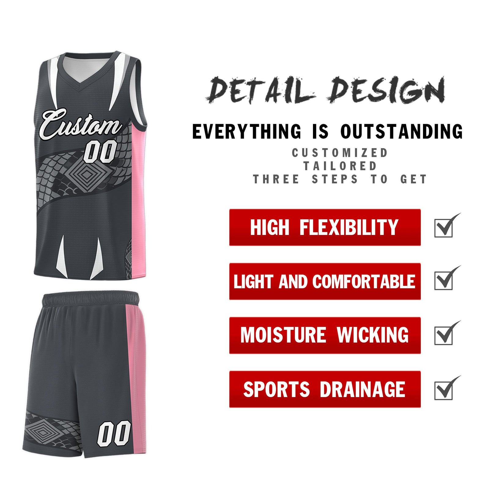 Custom Gray Light Pink Snake Scale Venomous Fang Drapable Graffiti Pattern Basketball Suit Jersey