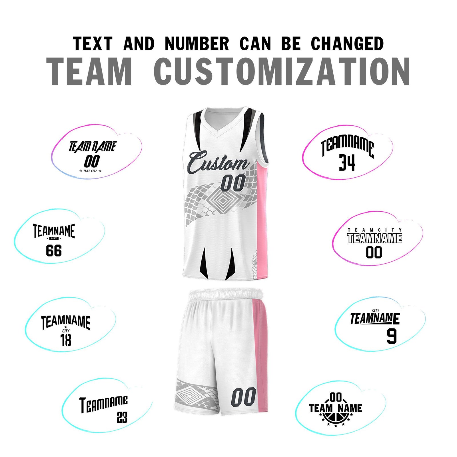 Custom White Light Pink Snake Scale Venomous Fang for Leagues Graffiti Pattern Basketball Suit Jersey