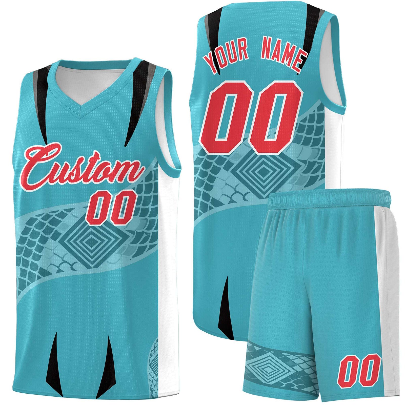 Custom Sky Blue White Snake Scale Venomous Fang for Team Graffiti Pattern Basketball Suit Jersey