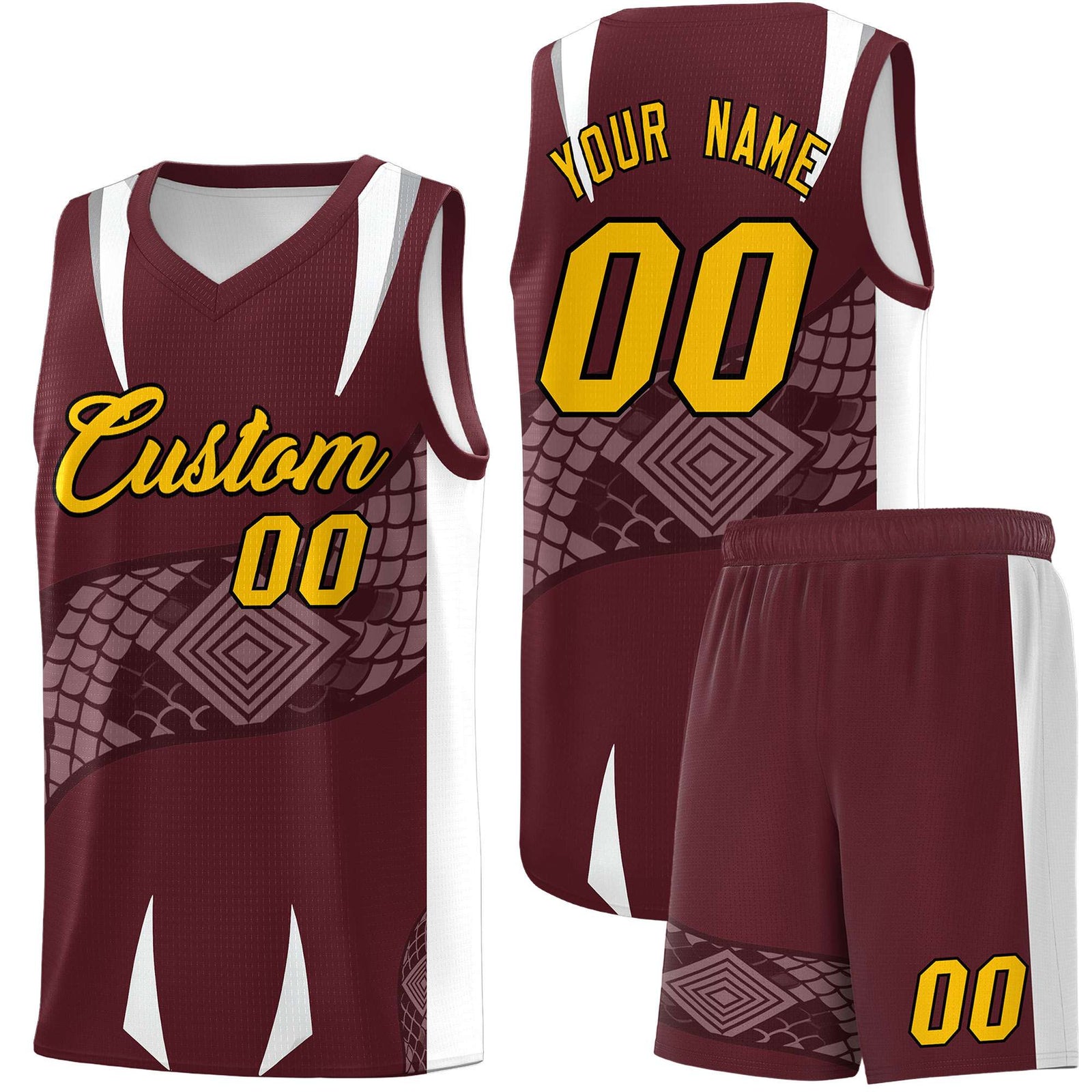 Custom Burgundy White Snake Scale Venomous Fang Drapable Graffiti Pattern Basketball Suit Jersey