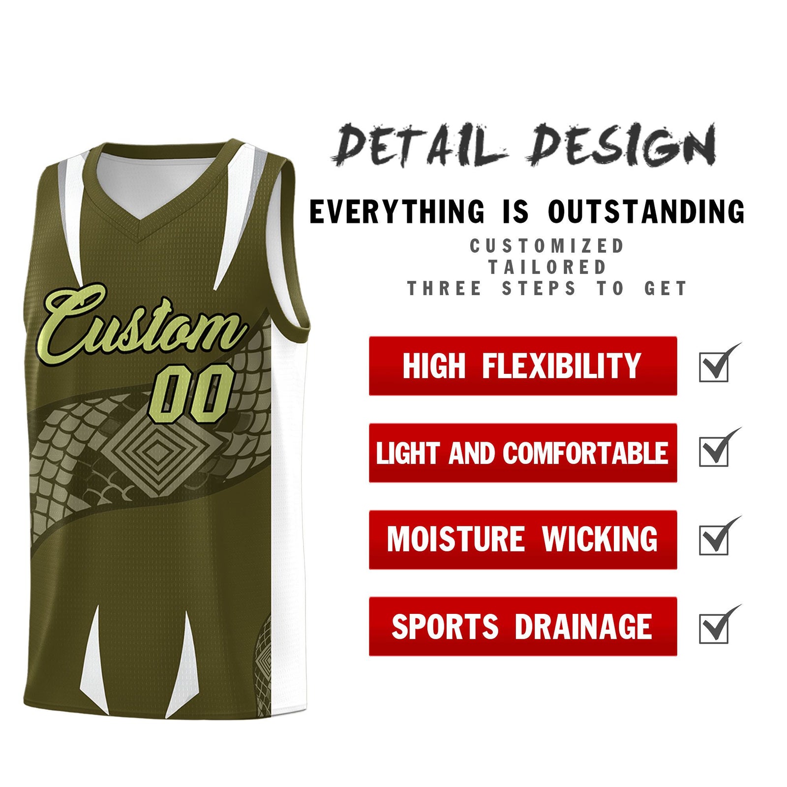 Custom Olive White Snake Scale Venomous Fang Breathable Graffiti Pattern Basketball Suit Jersey