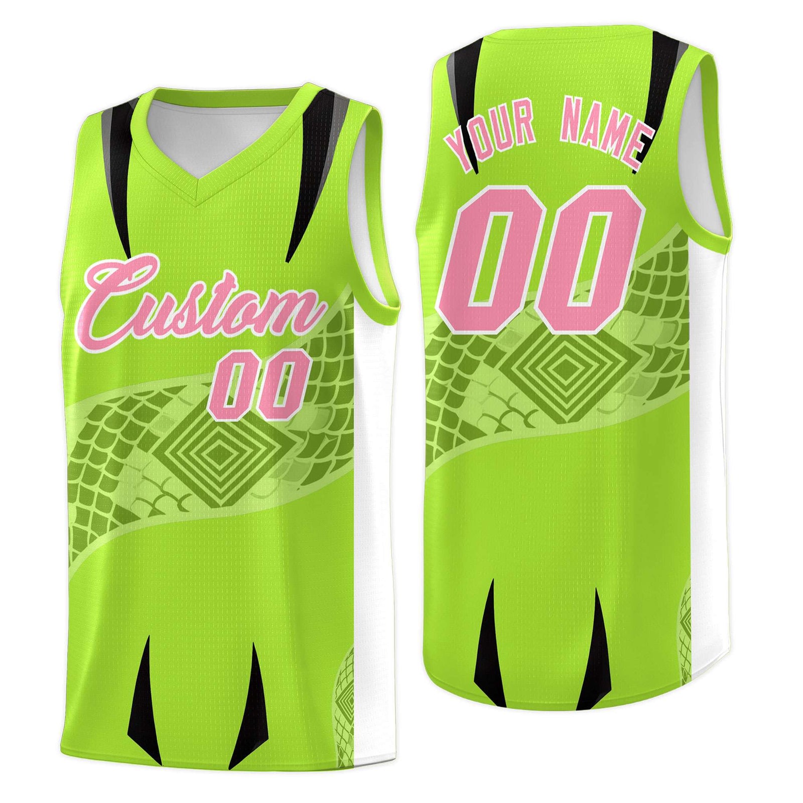 Custom Neon Green White Snake Scale Venomous Fang for Leagues Graffiti Pattern Basketball Suit Jersey