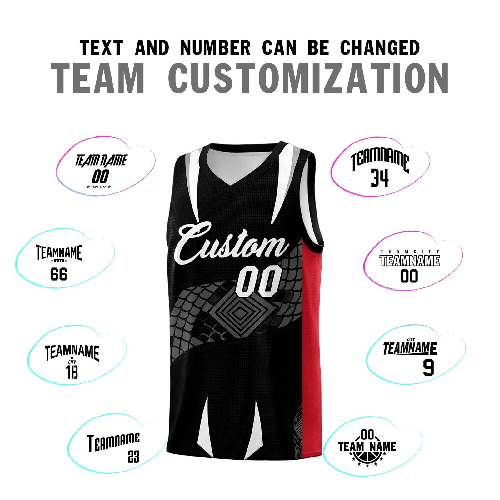 Custom Black Red Snake Scale Venomous Fang Breathable Graffiti Pattern Basketball Suit Jersey
