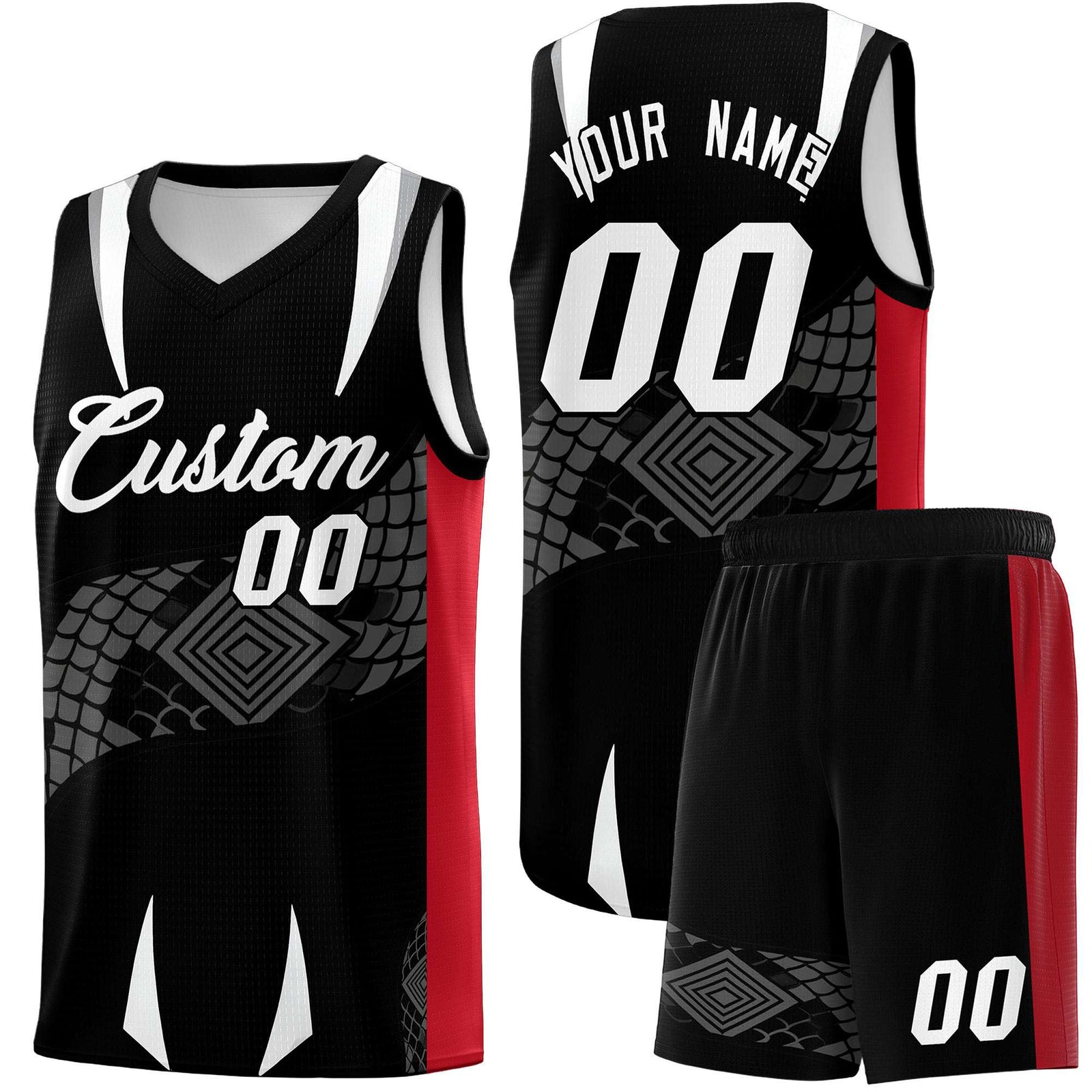Custom Black Red Snake Scale Venomous Fang Breathable Graffiti Pattern Basketball Suit Jersey
