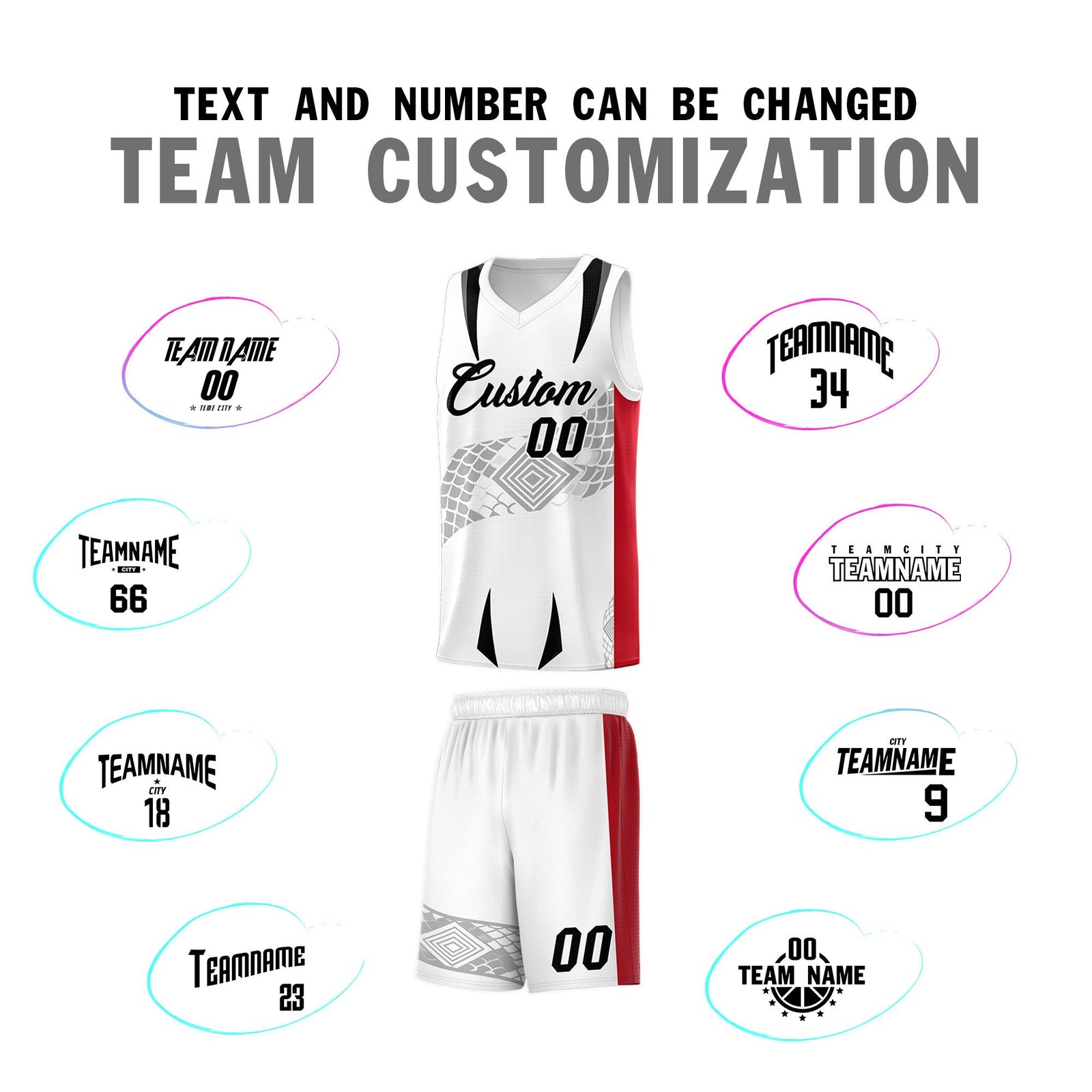 Custom White Red Snake Scale Venomous Fang for Clubs Graffiti Pattern Basketball Suit Jersey