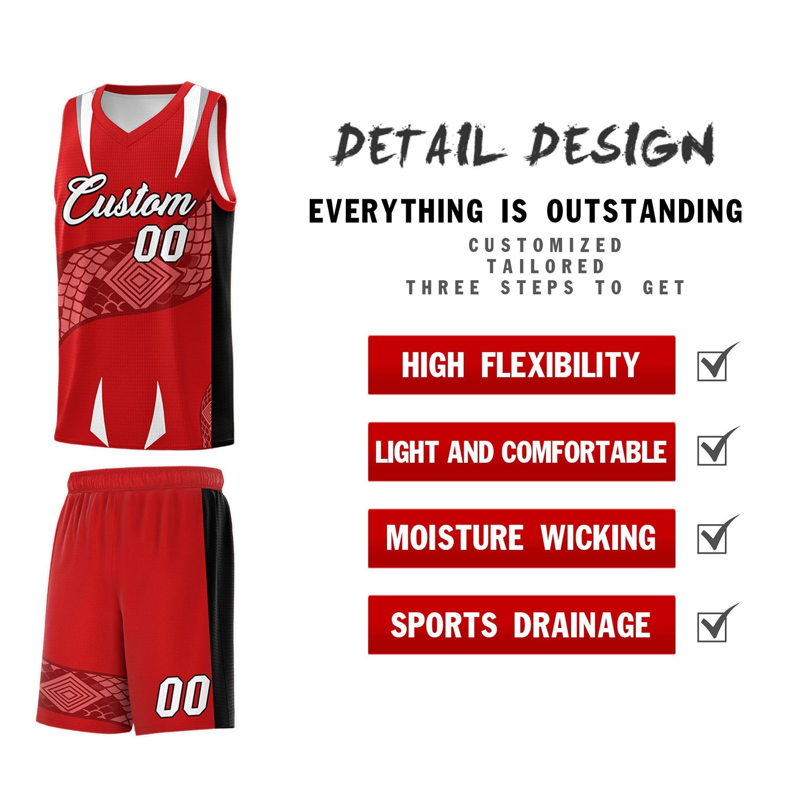 Custom Red Black Snake Scale Venomous Fang Drapable Graffiti Pattern Basketball Suit Jersey