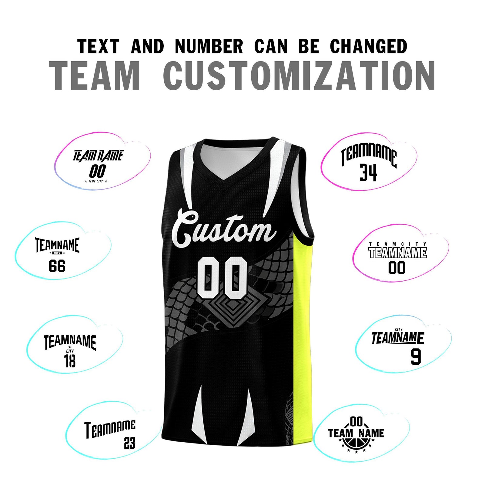 Custom Black Neon Green Snake Scale Venomous Fang Breathable Graffiti Pattern Basketball Suit Jersey