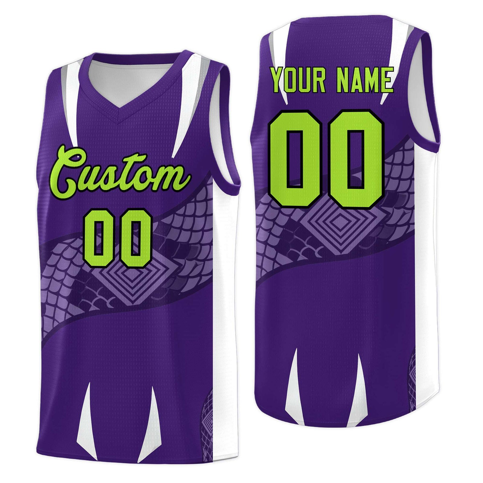 Custom Purple White Snake Scale Venomous Fang Breathable Graffiti Pattern Basketball Suit Jersey