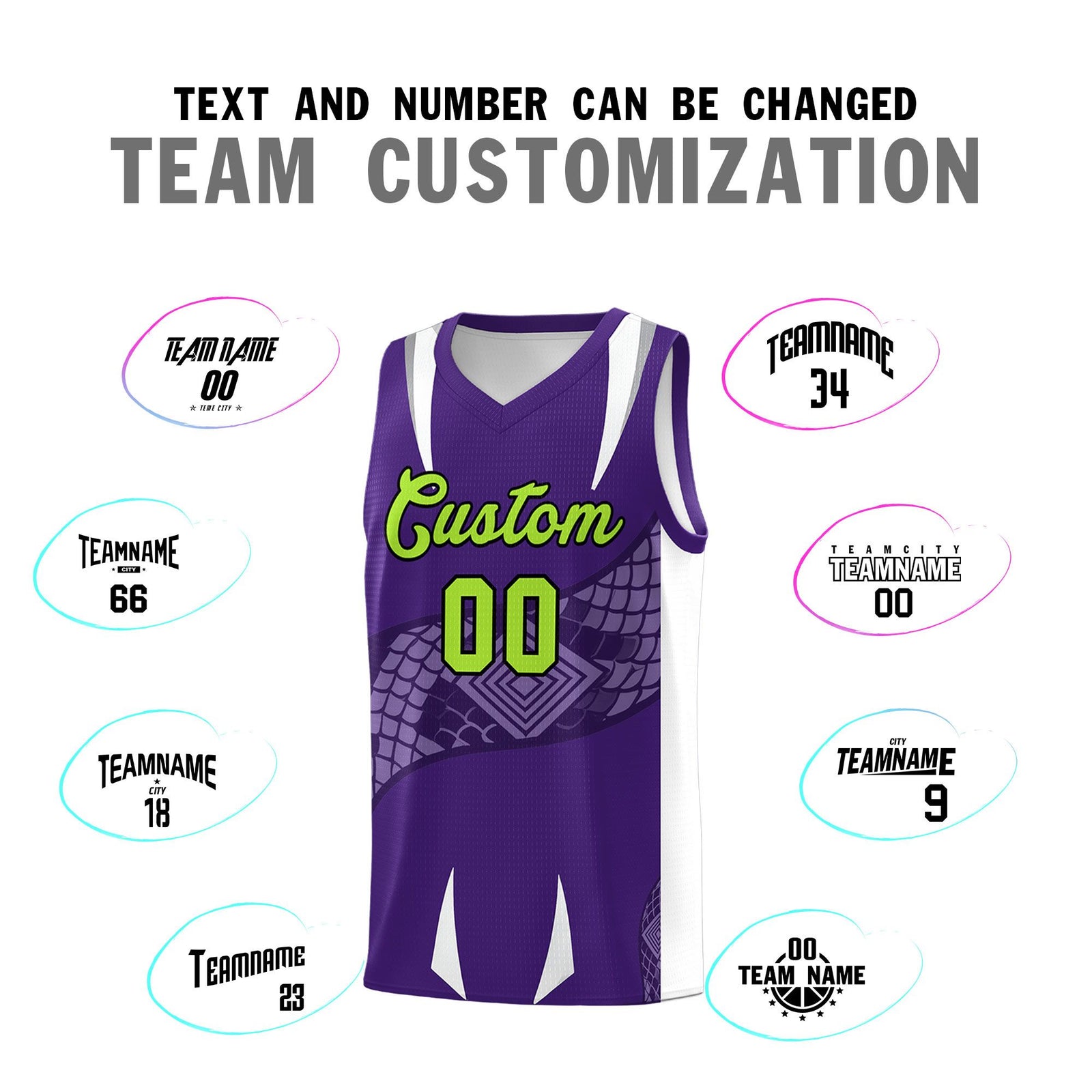 Custom Purple White Snake Scale Venomous Fang Breathable Graffiti Pattern Basketball Suit Jersey