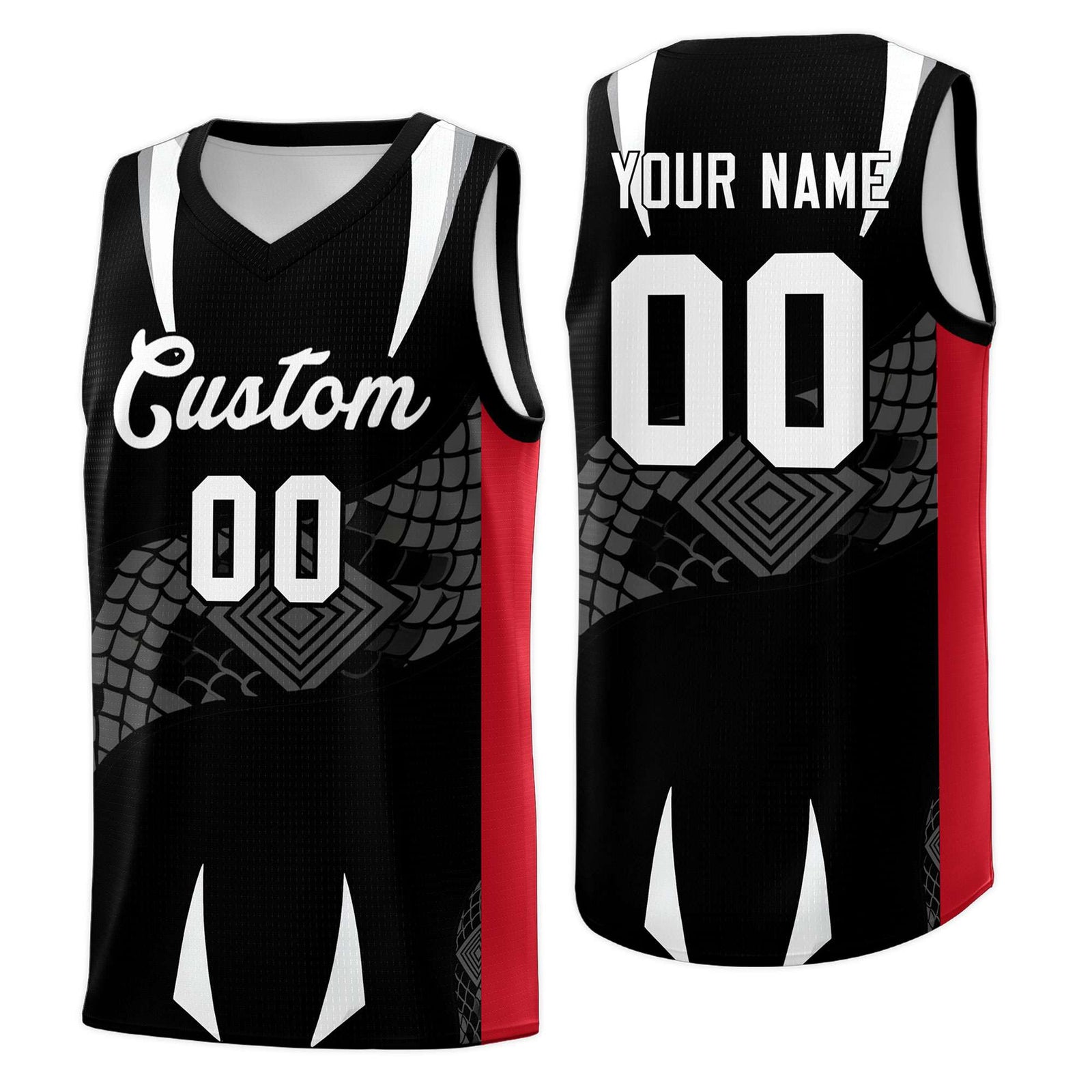 Custom Black Red Snake Scale Venomous Fang Breathable Graffiti Pattern Basketball Suit Jersey