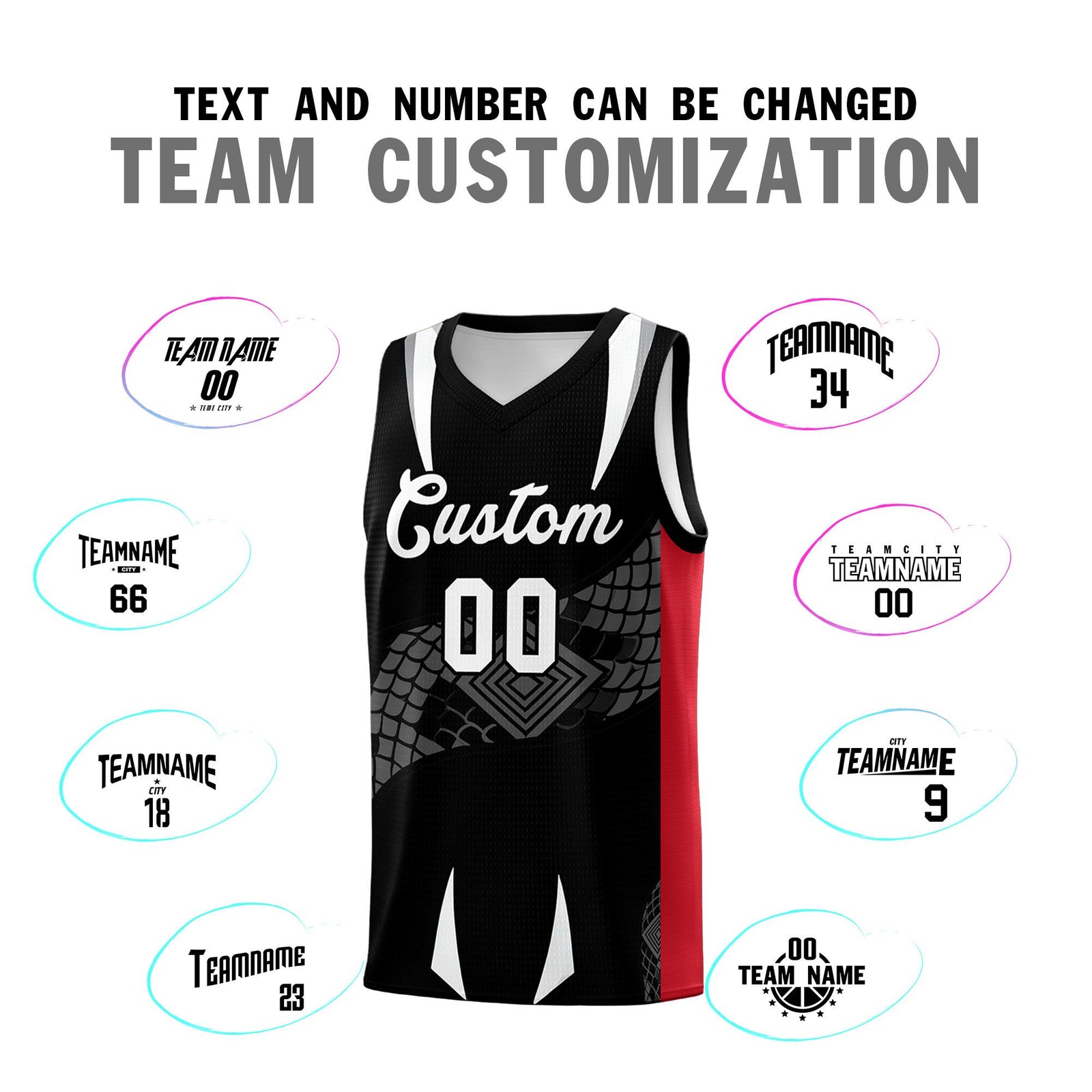 Custom Black Red Snake Scale Venomous Fang Breathable Graffiti Pattern Basketball Suit Jersey