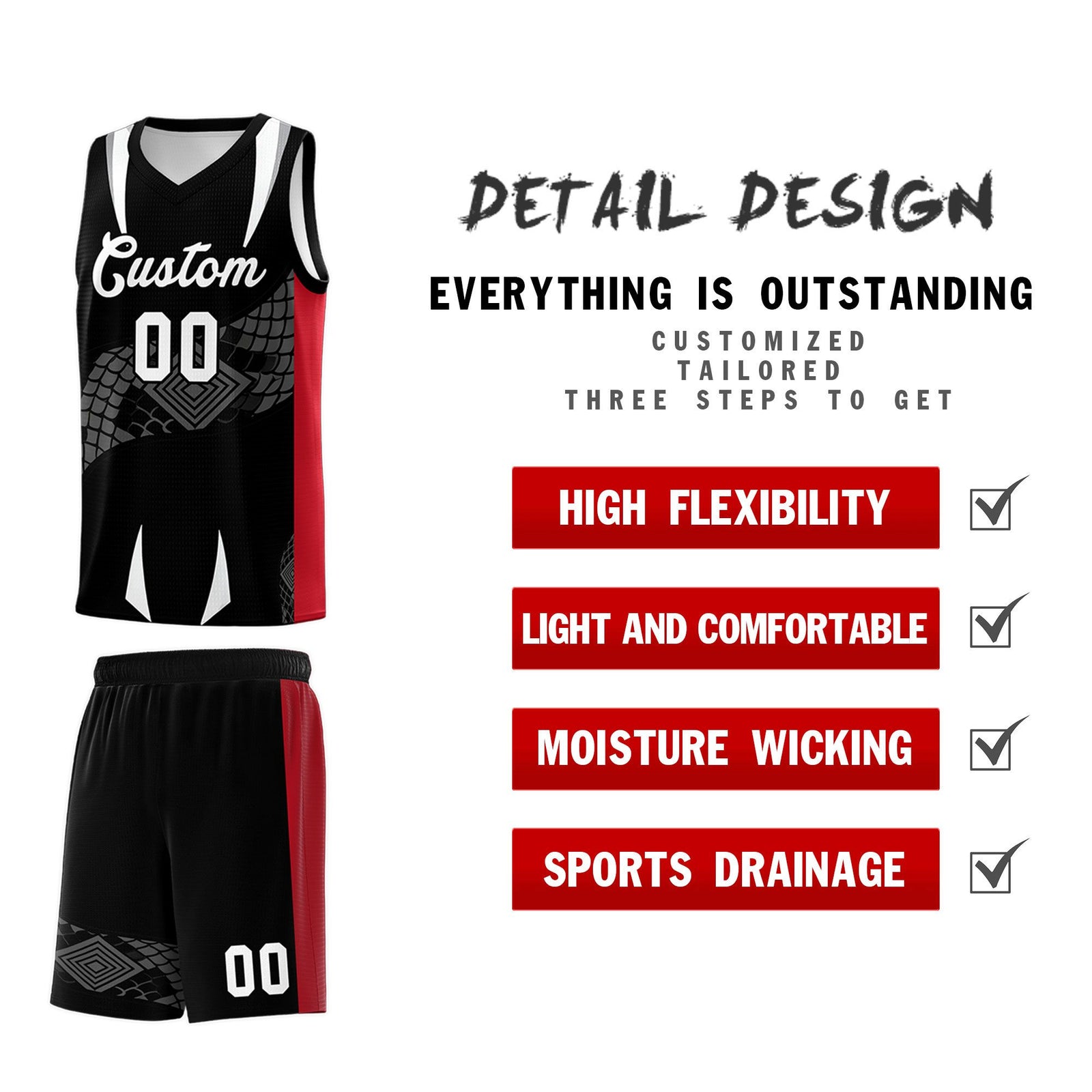 Custom Black Red Snake Scale Venomous Fang Breathable Graffiti Pattern Basketball Suit Jersey
