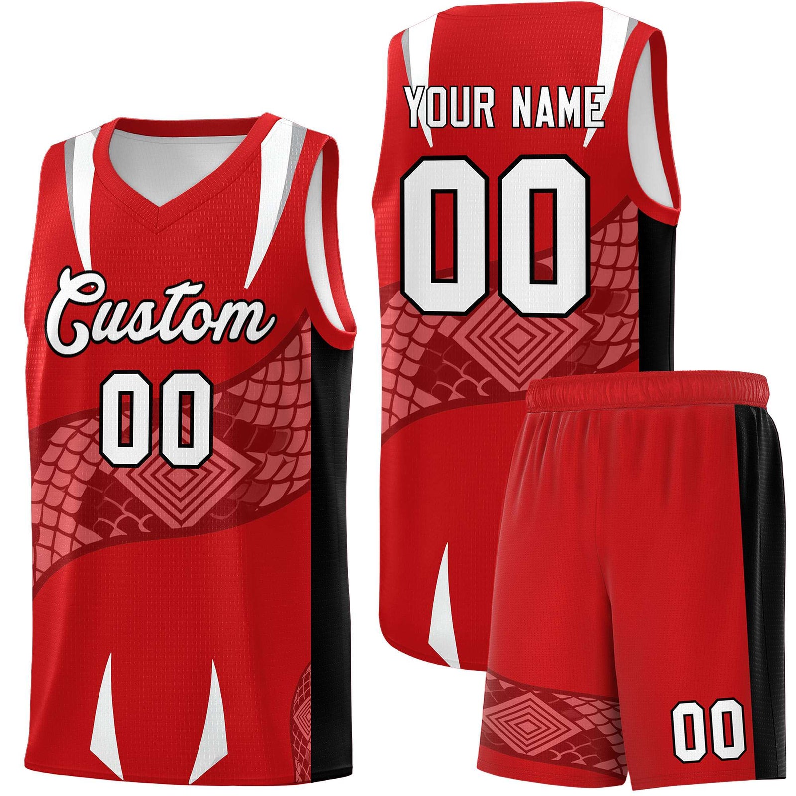 Custom Red Black Snake Scale Venomous Fang Drapable Graffiti Pattern Basketball Suit Jersey