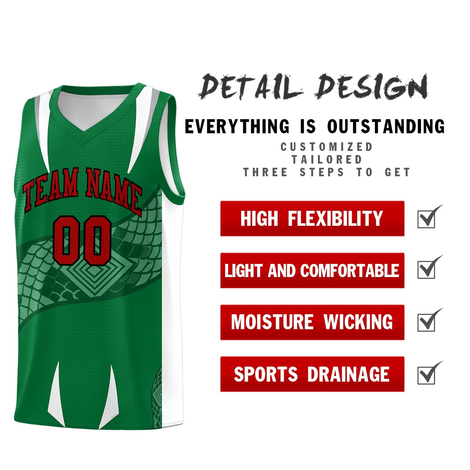 Custom Kelly Green White Snake Scale Venomous Fang Breathable Graffiti Pattern Basketball Suit Jersey