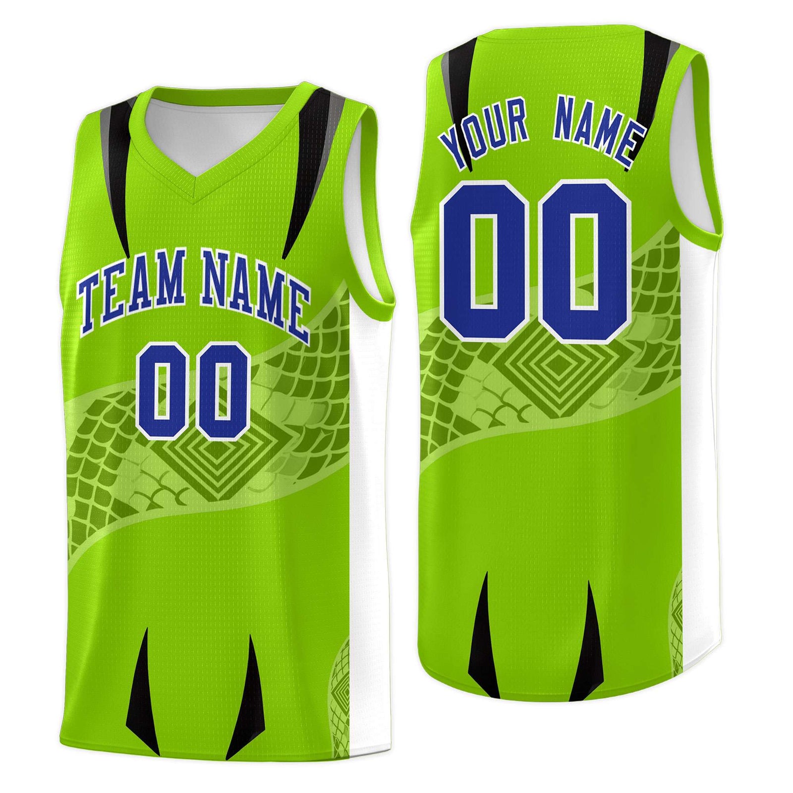 Custom Neon Green White Snake Scale Venomous Fang for Leagues Graffiti Pattern Basketball Suit Jersey