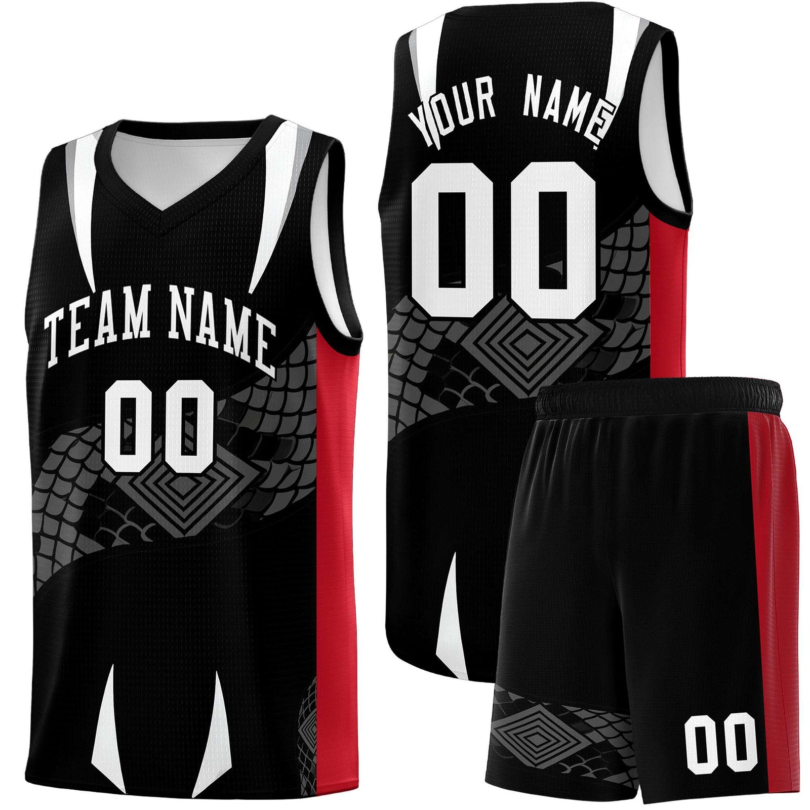 Custom Black Red Snake Scale Venomous Fang Breathable Graffiti Pattern Basketball Suit Jersey