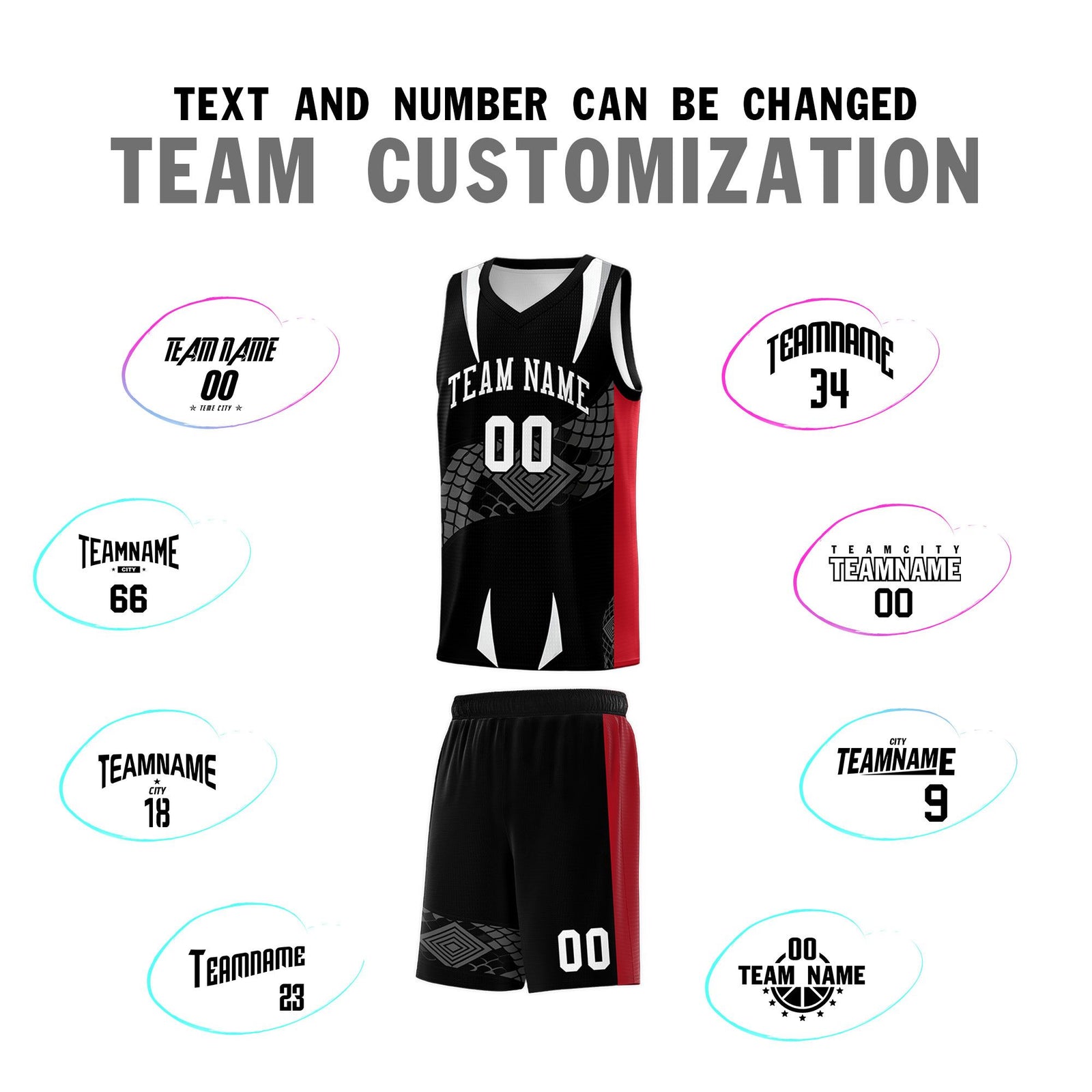 Custom Black Red Snake Scale Venomous Fang Breathable Graffiti Pattern Basketball Suit Jersey