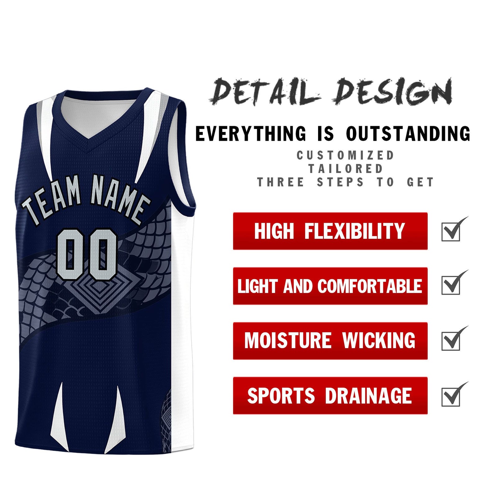 Custom Navy White Snake Scale Venomous Fang Lightweight Graffiti Pattern Basketball Suit Jersey