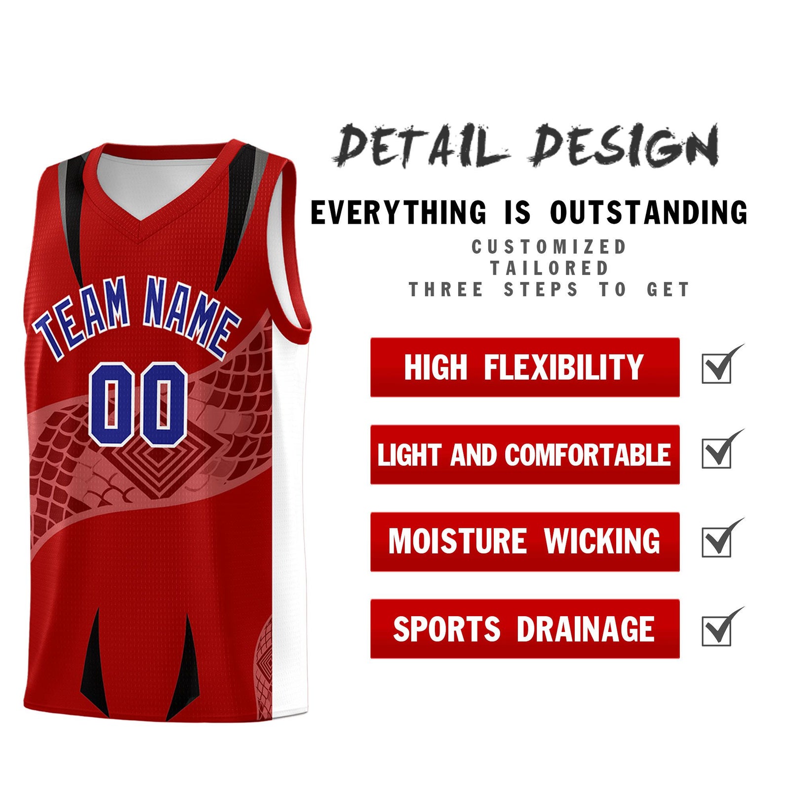 Custom Red White Snake Scale Venomous Fang for Leagues Graffiti Pattern Basketball Suit Jersey