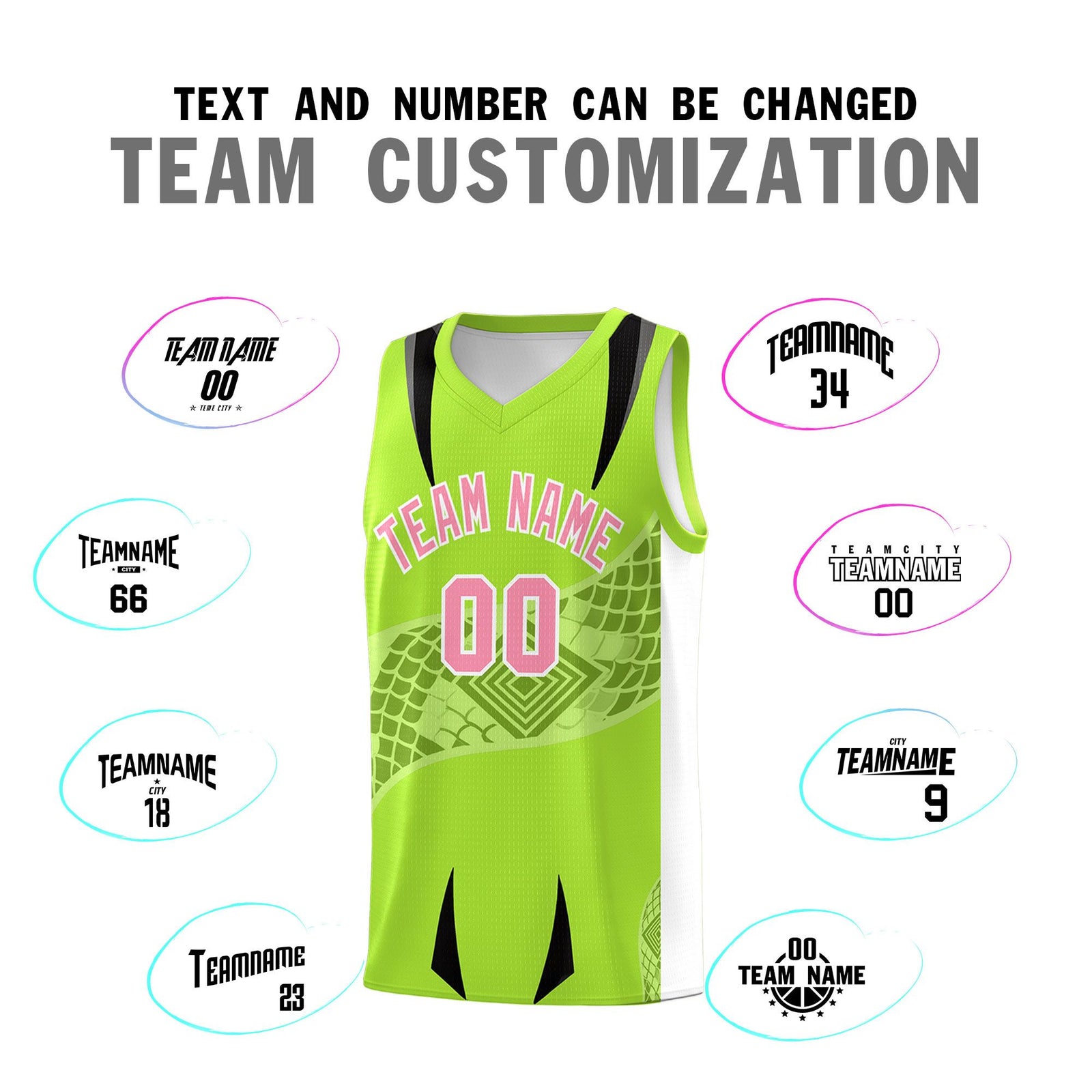 Custom Neon Green White Snake Scale Venomous Fang for Leagues Graffiti Pattern Basketball Suit Jersey