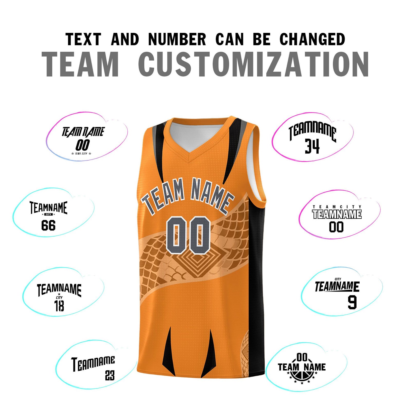 Custom Orange Black Snake Scale Venomous Fang for Clubs Graffiti Pattern Basketball Suit Jersey