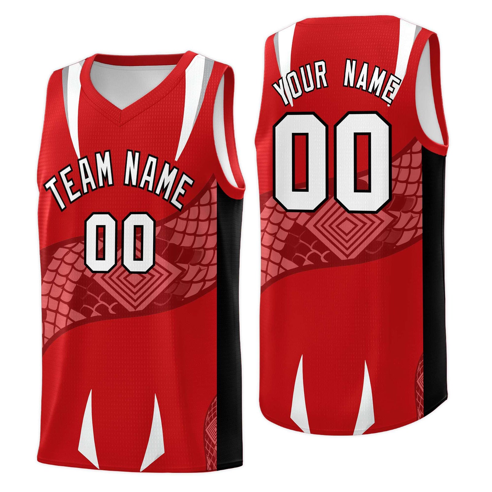 Custom Red Black Snake Scale Venomous Fang Drapable Graffiti Pattern Basketball Suit Jersey