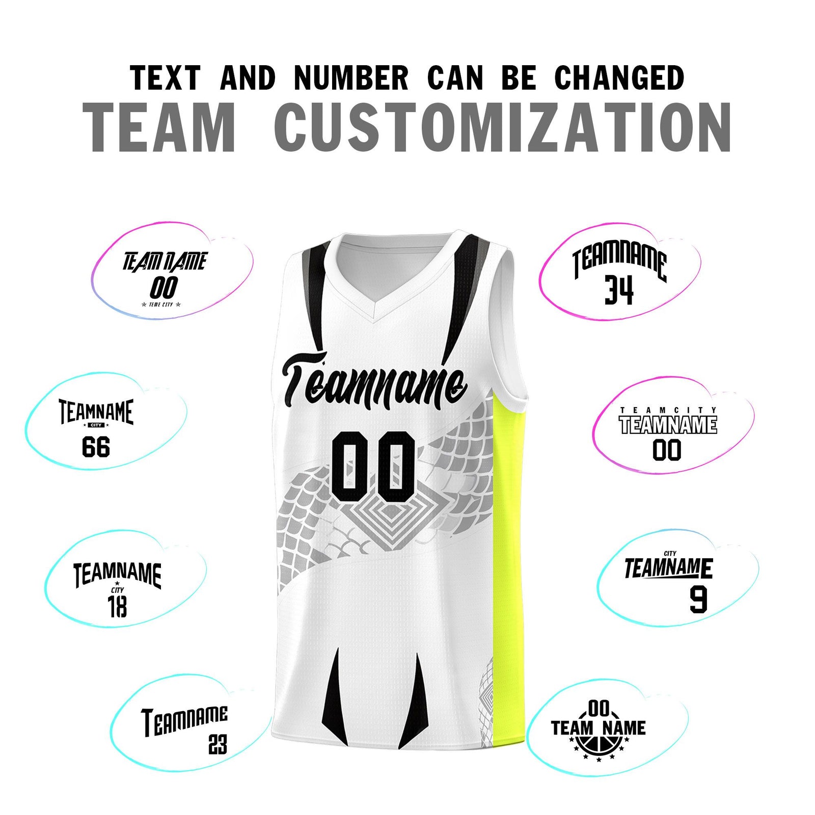 Custom White Neon Green Snake Scale Venomous Fang for Clubs Graffiti Pattern Basketball Suit Jersey