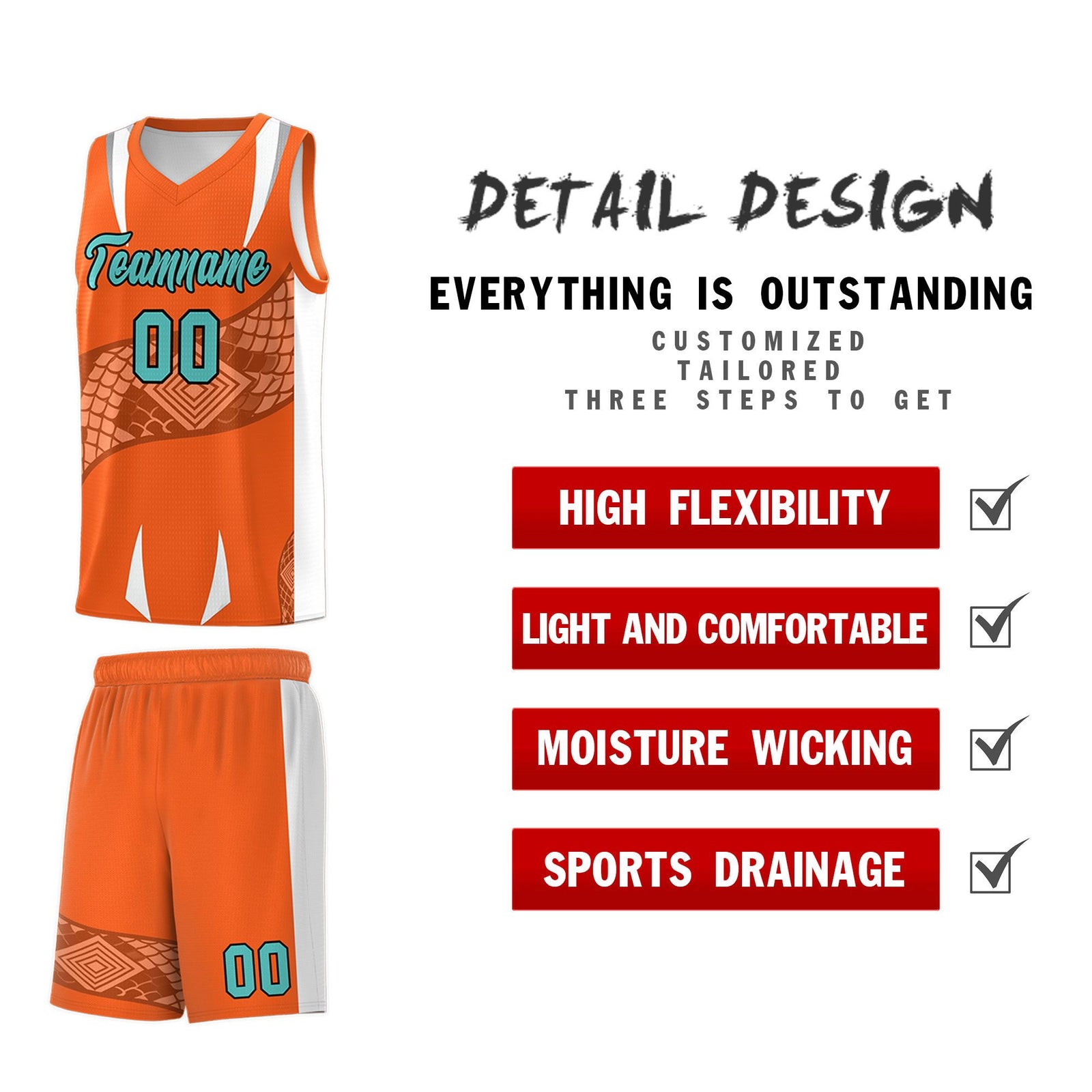 Custom Orange White Snake Scale Venomous Fang Lightweight Graffiti Pattern Basketball Suit Jersey