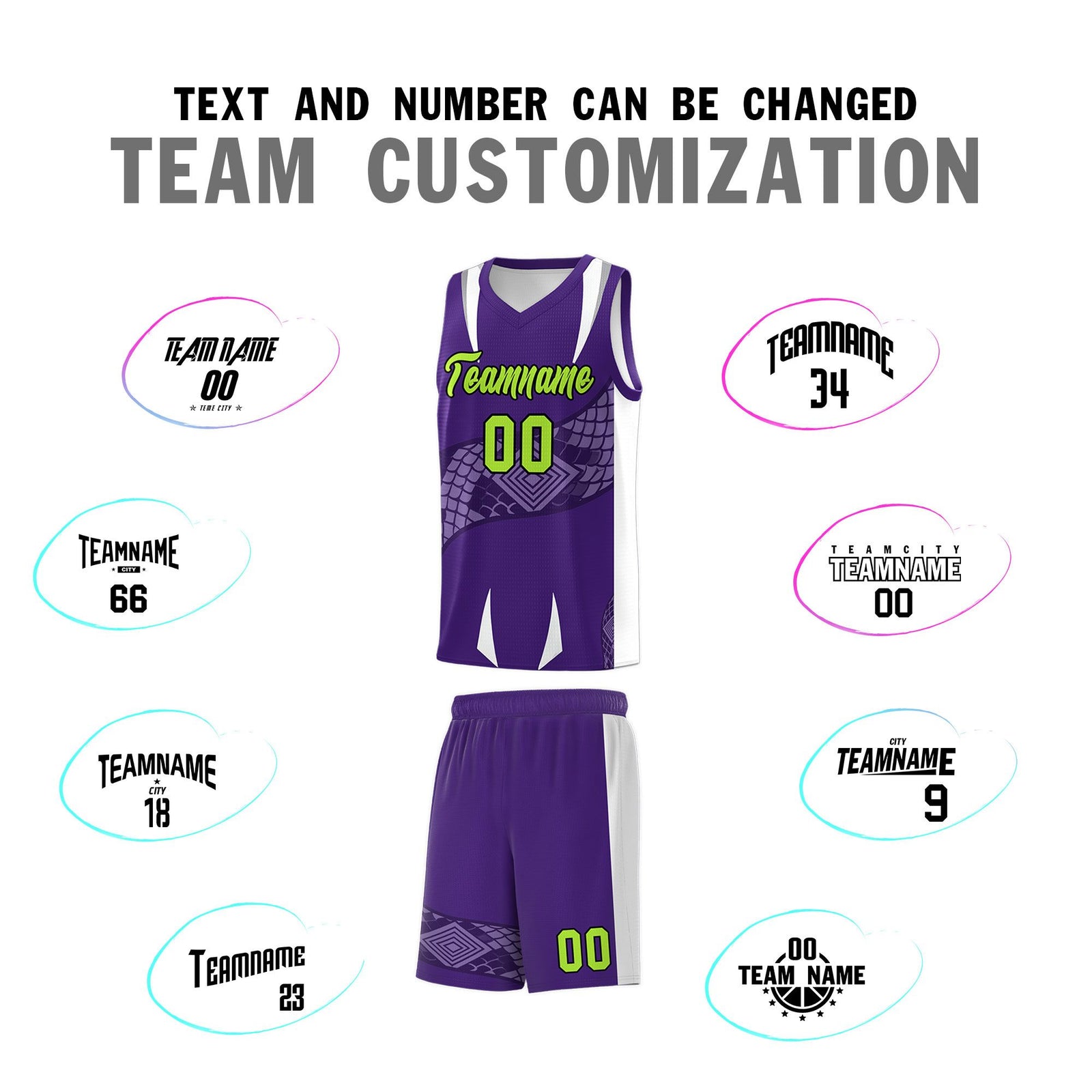 Custom Purple White Snake Scale Venomous Fang Breathable Graffiti Pattern Basketball Suit Jersey