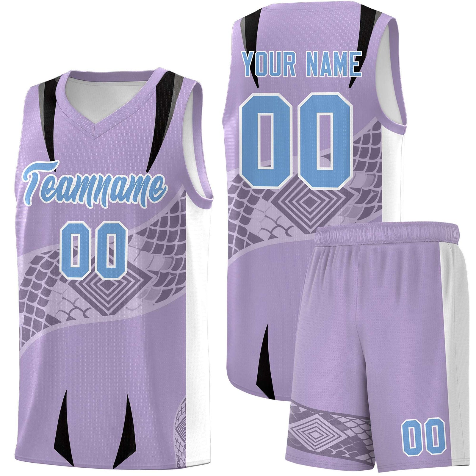 Custom Light Purple White Snake Scale Venomous Fang for Team Graffiti Pattern Basketball Suit Jersey