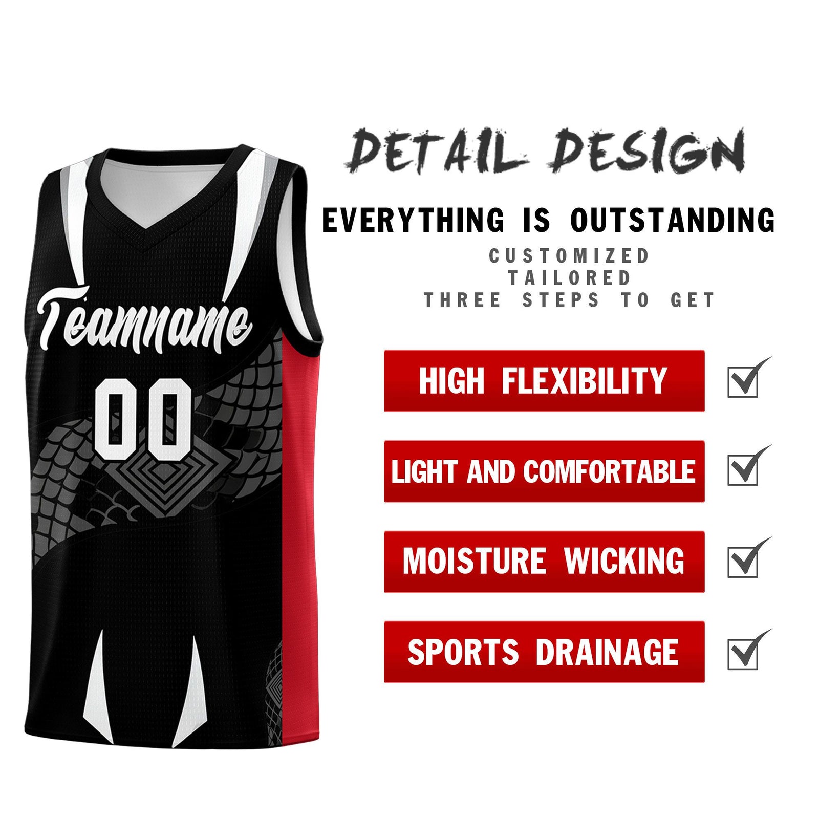 Custom Black Red Snake Scale Venomous Fang Breathable Graffiti Pattern Basketball Suit Jersey