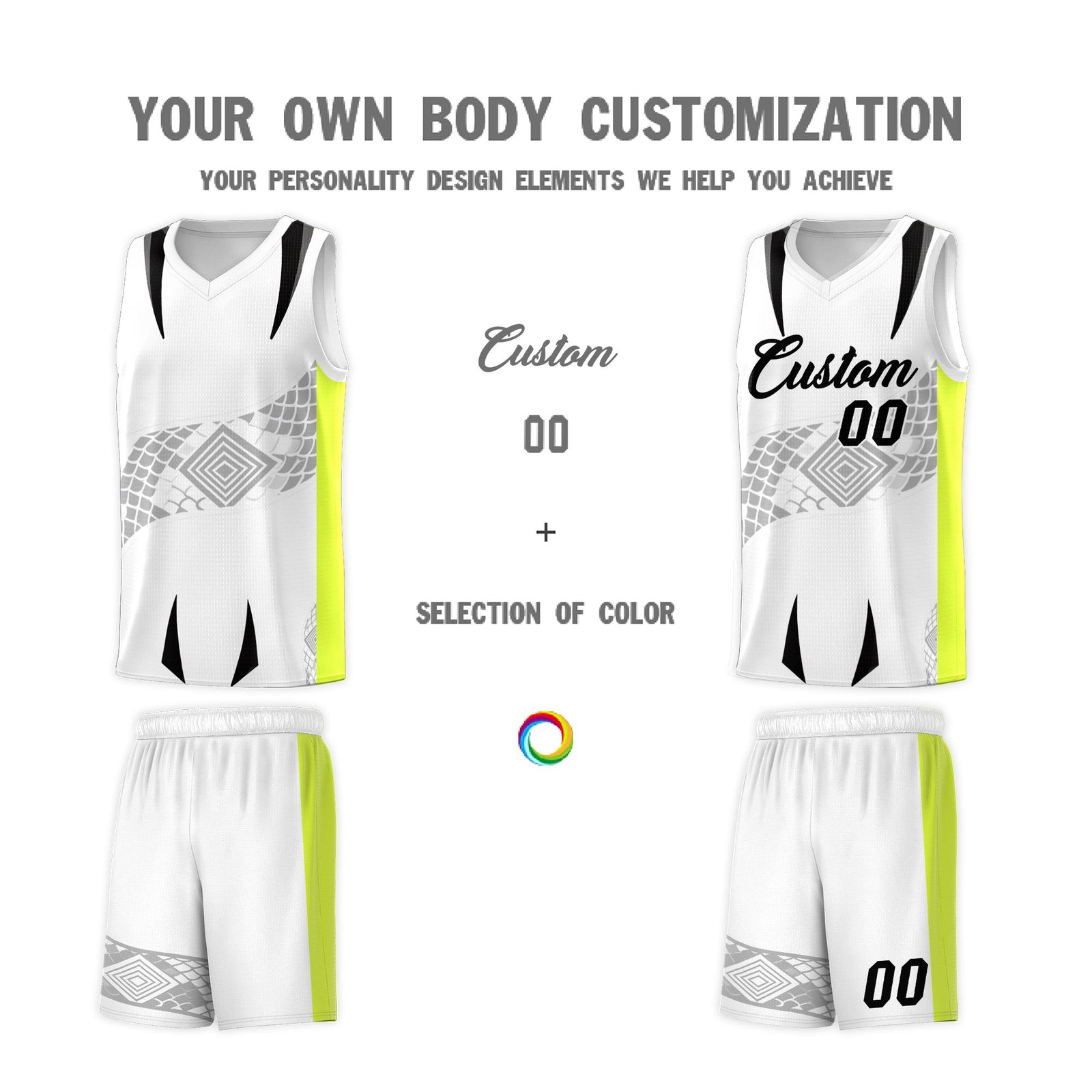 Custom White Neon Green Snake Scale Venomous Fang for Clubs Graffiti Pattern Basketball Suit Jersey