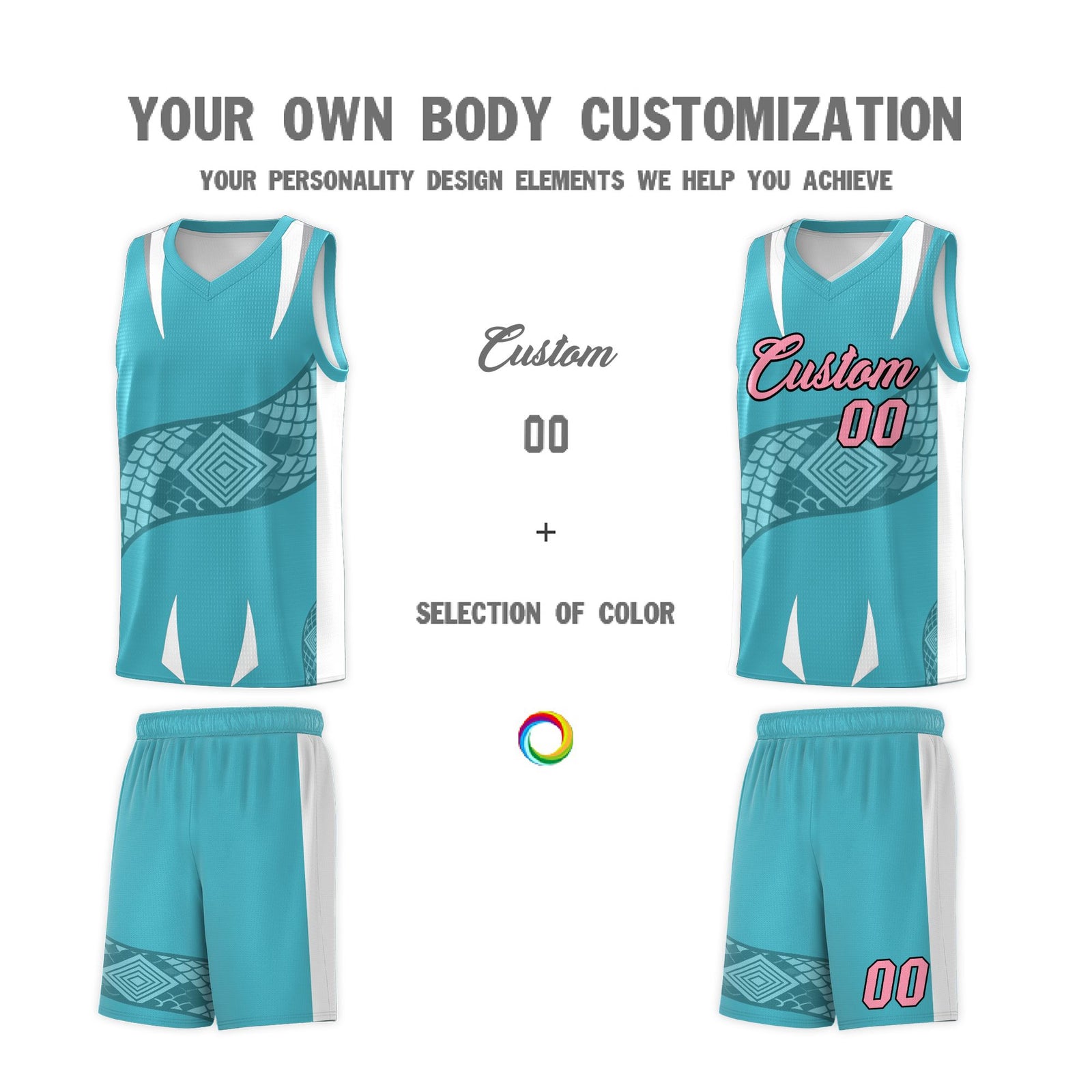 Custom Sky Blue White Snake Scale Venomous Fang Drapable Graffiti Pattern Basketball Suit Jersey
