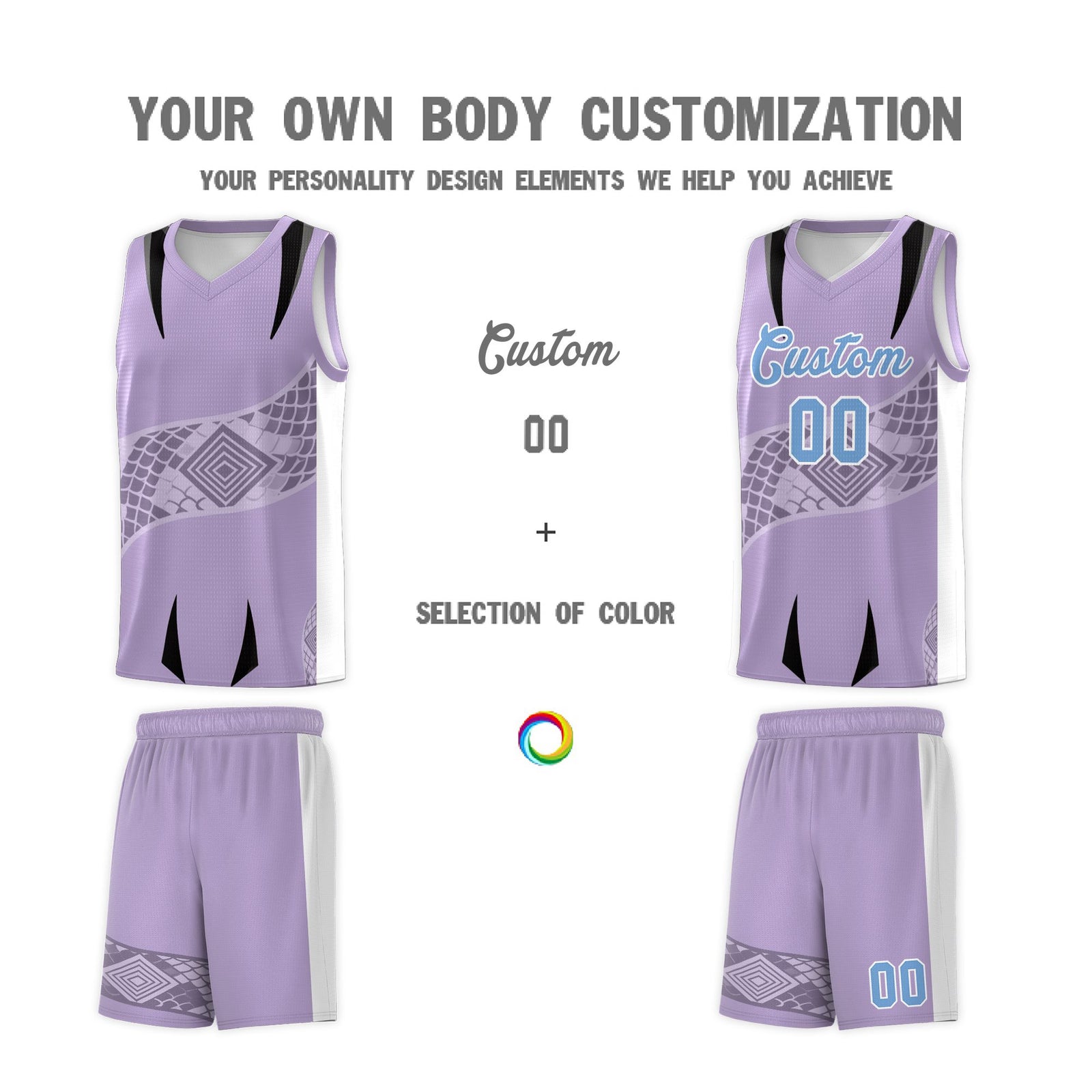 Custom Light Purple White Snake Scale Venomous Fang for Team Graffiti Pattern Basketball Suit Jersey