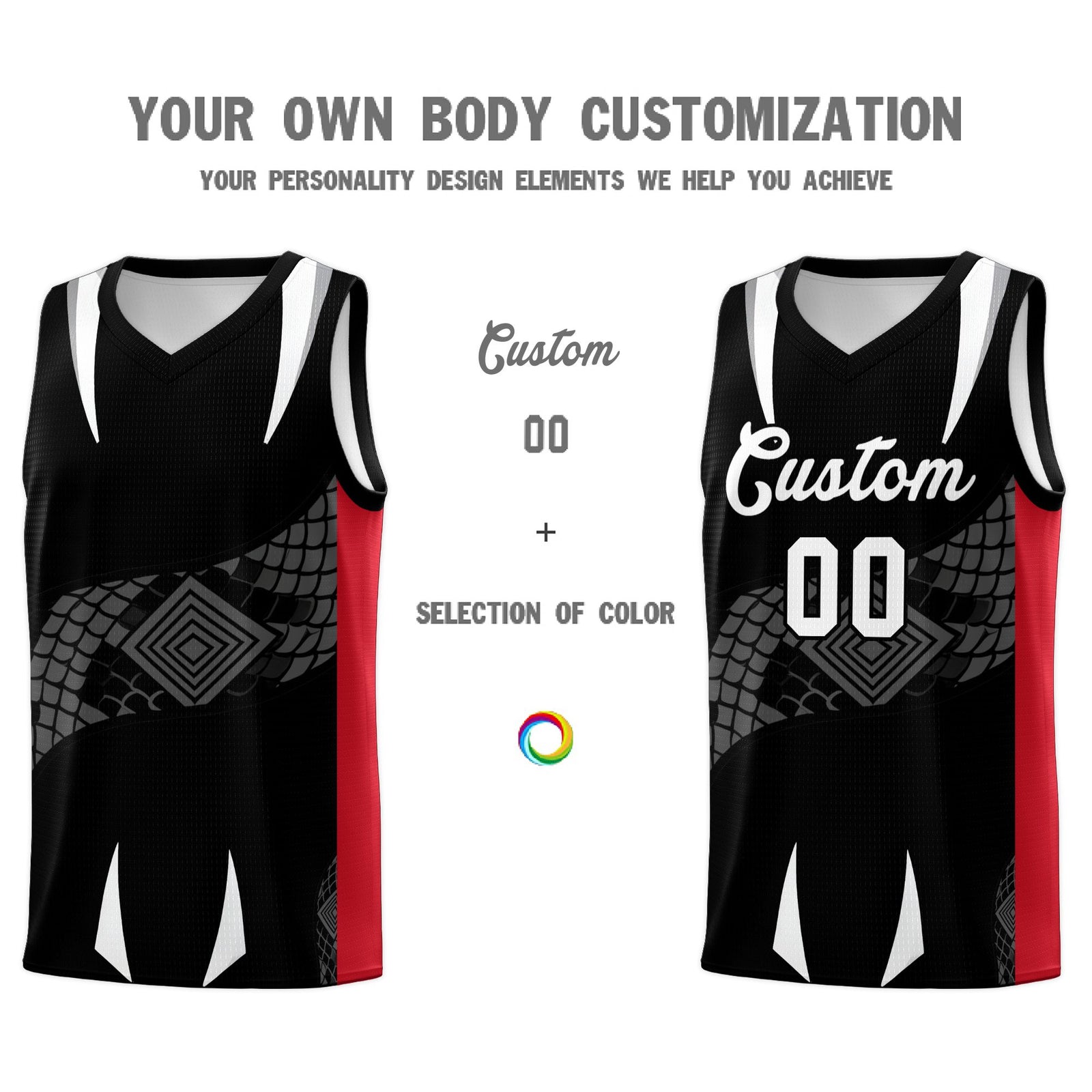 Custom Black Red Snake Scale Venomous Fang Breathable Graffiti Pattern Basketball Suit Jersey