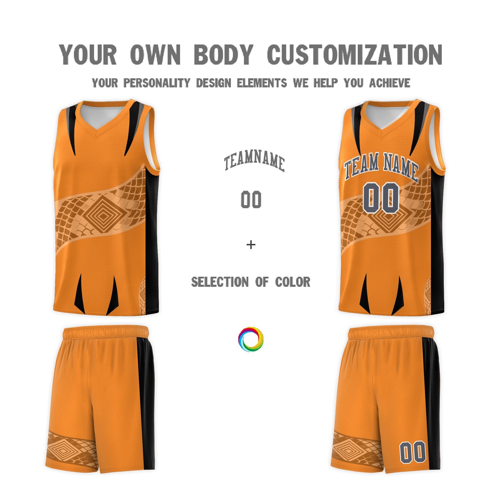 Custom Orange Black Snake Scale Venomous Fang for Clubs Graffiti Pattern Basketball Suit Jersey