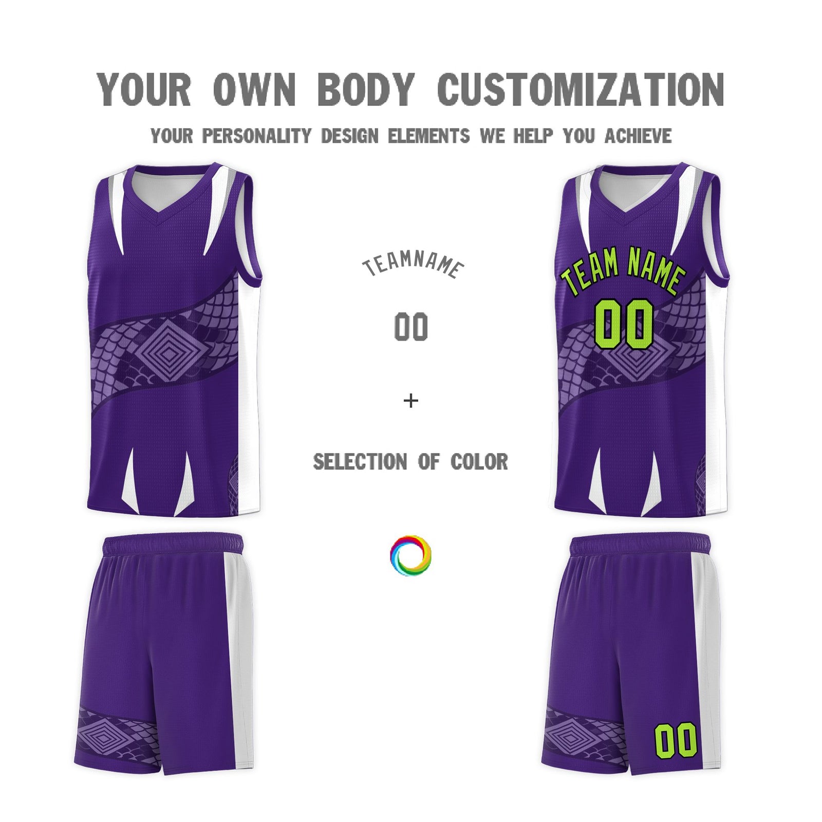 Custom Purple White Snake Scale Venomous Fang Breathable Graffiti Pattern Basketball Suit Jersey