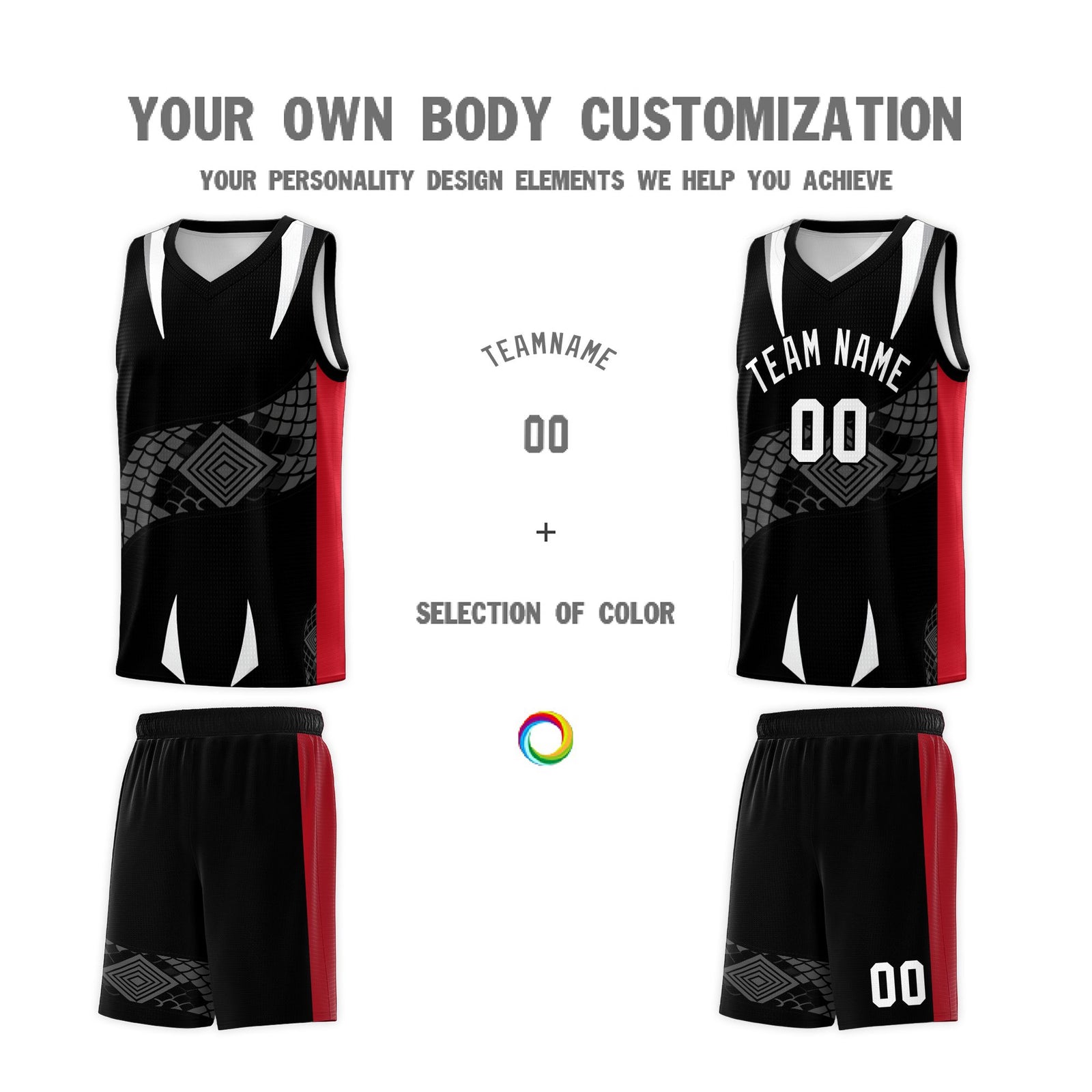 Custom Black Red Snake Scale Venomous Fang Breathable Graffiti Pattern Basketball Suit Jersey