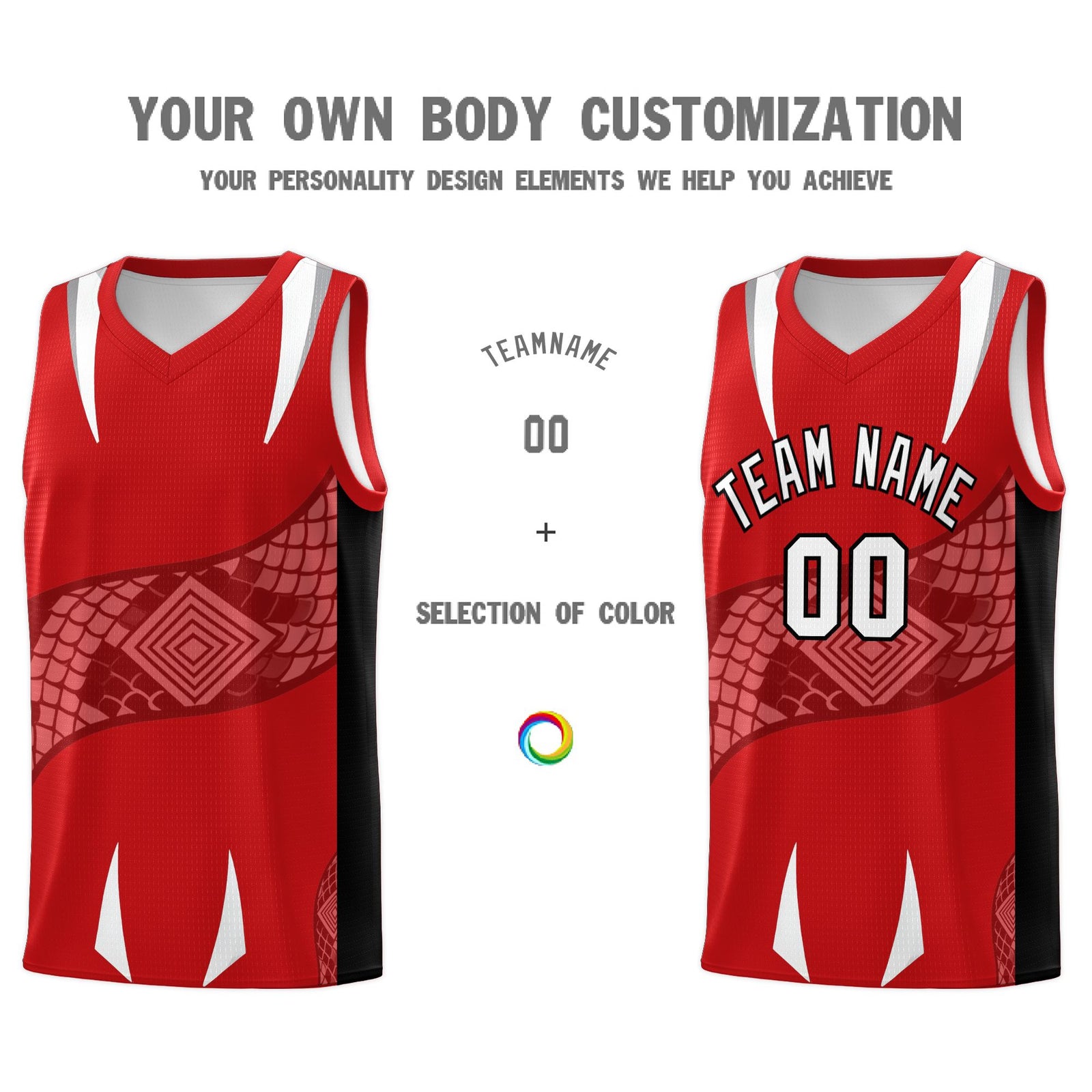 Custom Red Black Snake Scale Venomous Fang Drapable Graffiti Pattern Basketball Suit Jersey