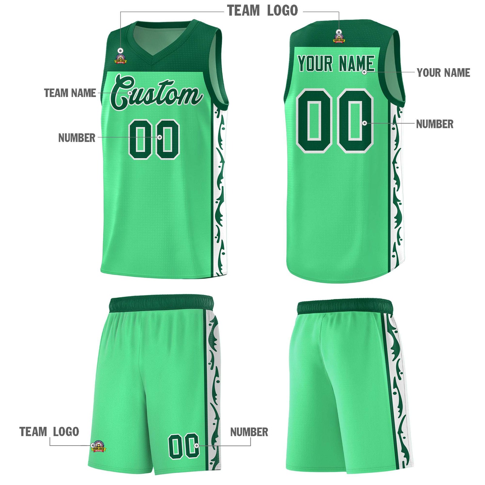 Custom Bright Green Side Pattern Sports Uniform Basketball Jersey